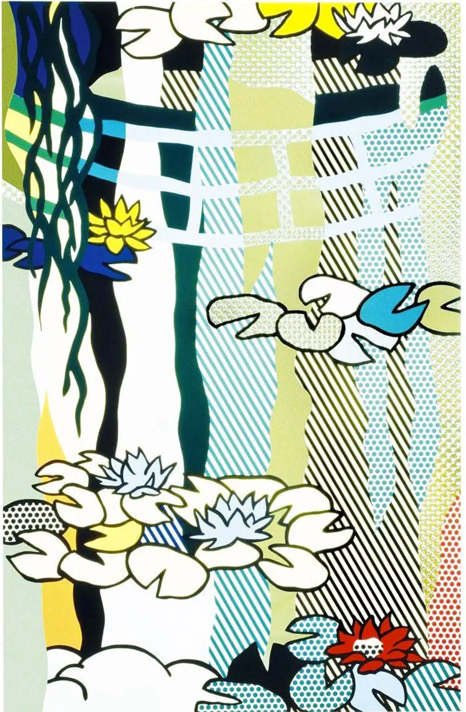 An image of the print Water Lilies with Japanese Bridge by Roy Lichtenstein, which uses a palette of flat synthetic primary colours, simplified shapes, Ben Day dots, and diagonal lines as the artist reinterprets the impressionistic landscape.