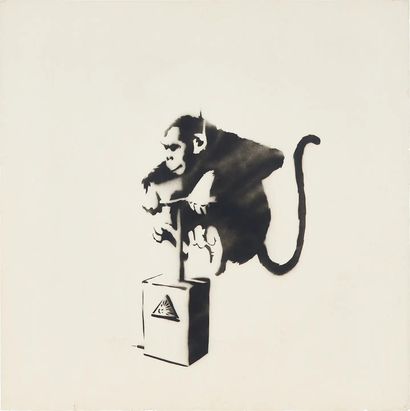 Бэнкси купить. Бэнкси художник работы обезьяна с детонатором. Бэнкси автопортрет обезьяна. Бэнкси Пикассо. Бэенки обезьяна картина.