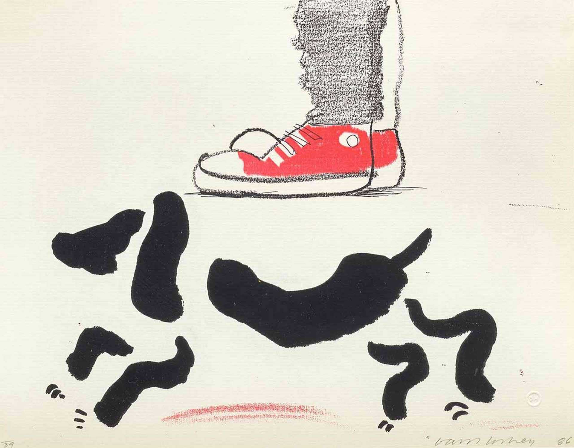 David Hockney’s Ian And Heinz. A digital print of a black dog with a man’s red sneakers in the background.