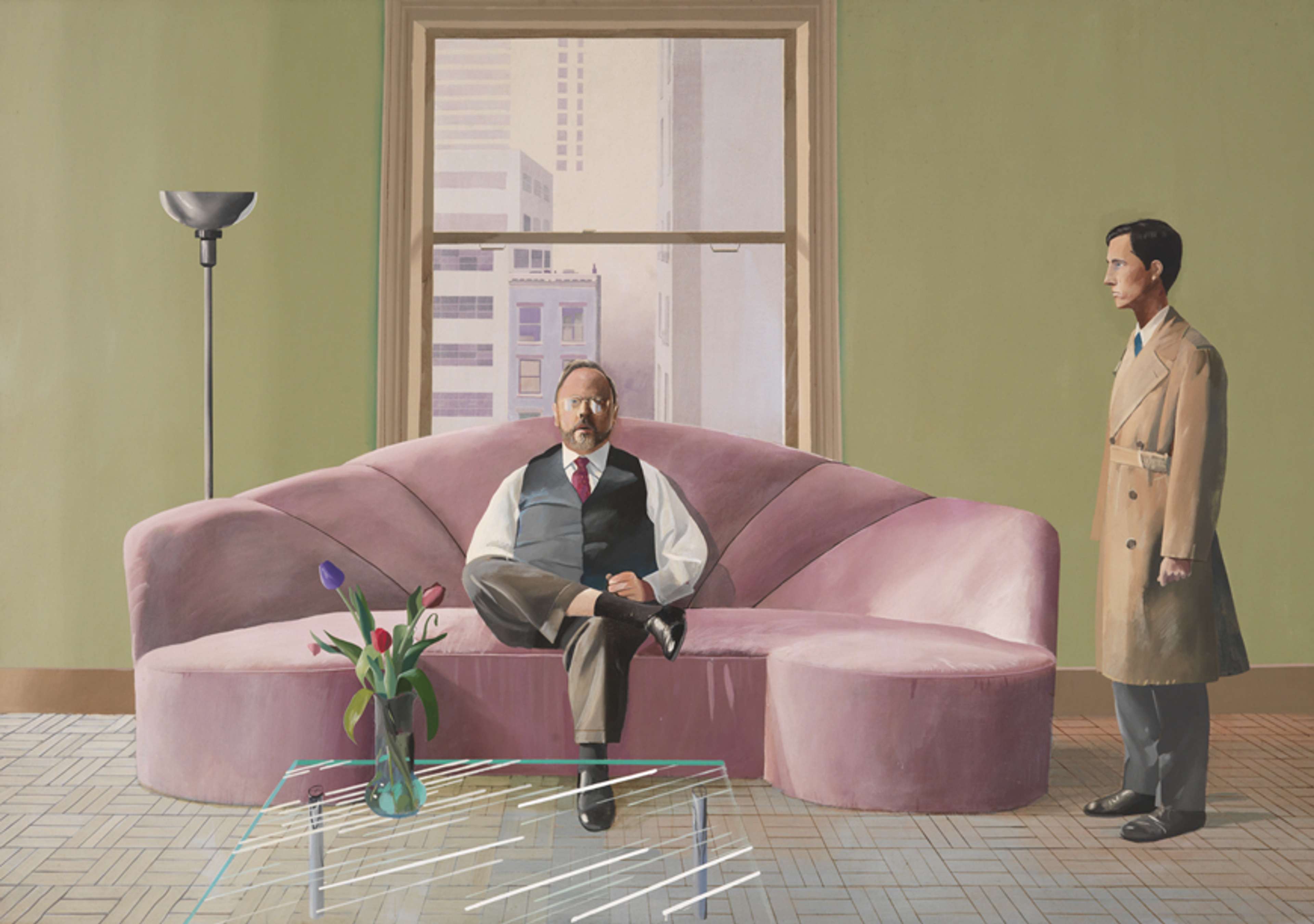 David Hockney’s Henry Geldzahler And Christopher Scott. An acrylic portrait of one man seated on a pink couch with another standing on the side of him.