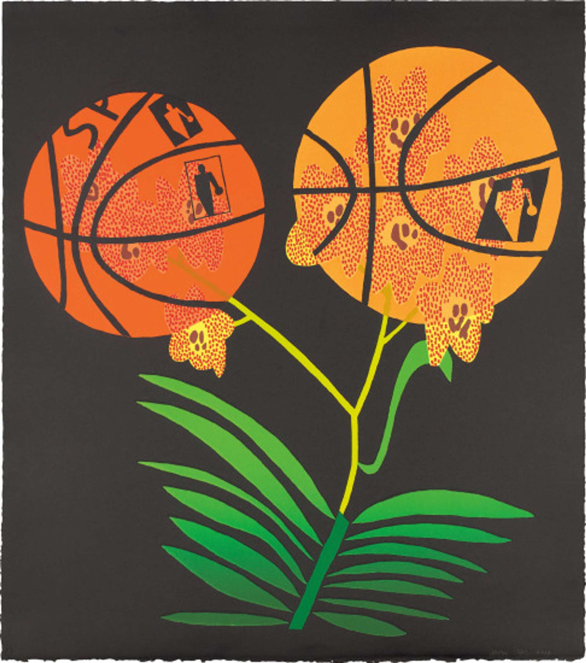 A green plant stem leads up to two orange basketballs, styled as flowers.