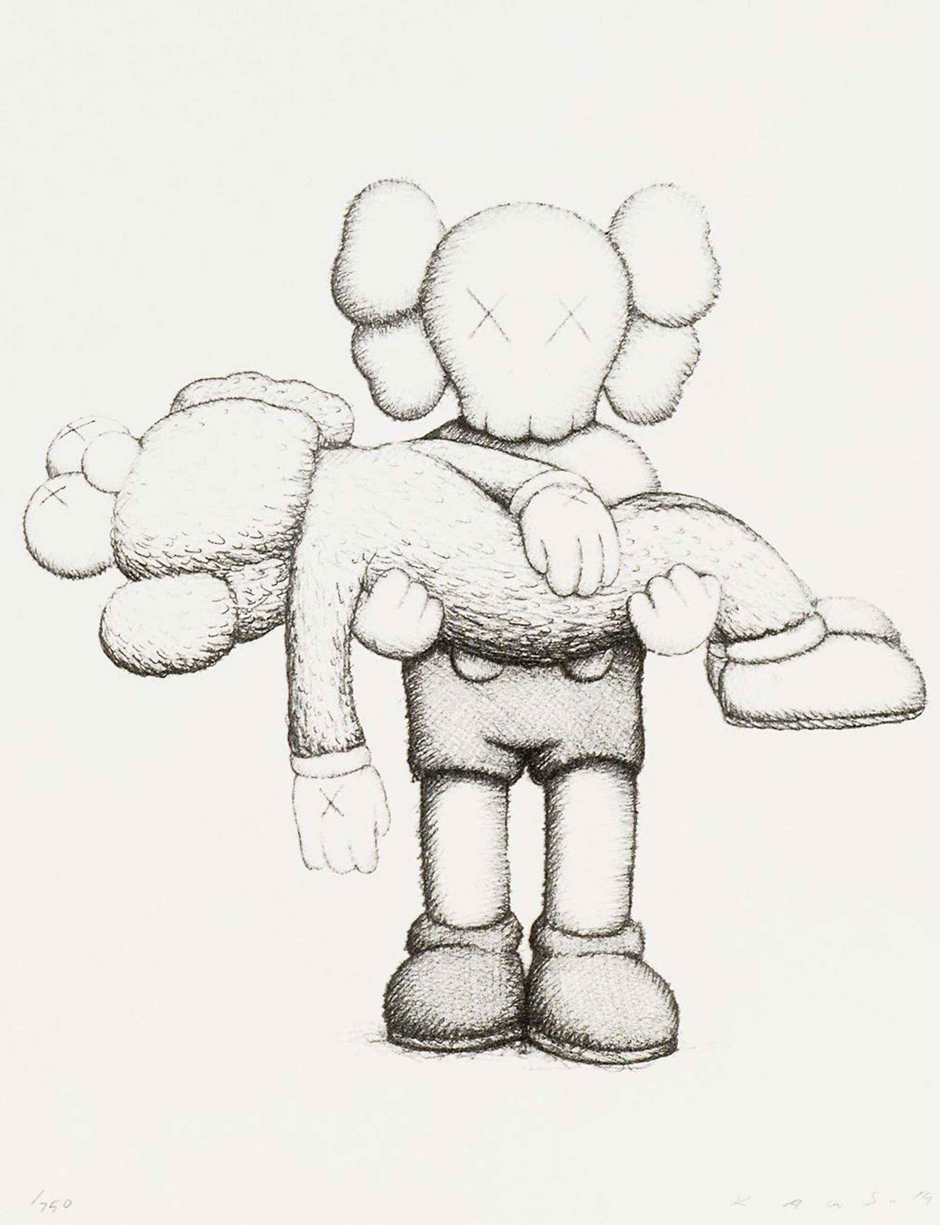 KAWS’ Companionship In the Age Of Loneliness. A screenprint of one interpretation of Mickey Mouse with crossed out eyes holding an interpretation of Elmo in its arms. 