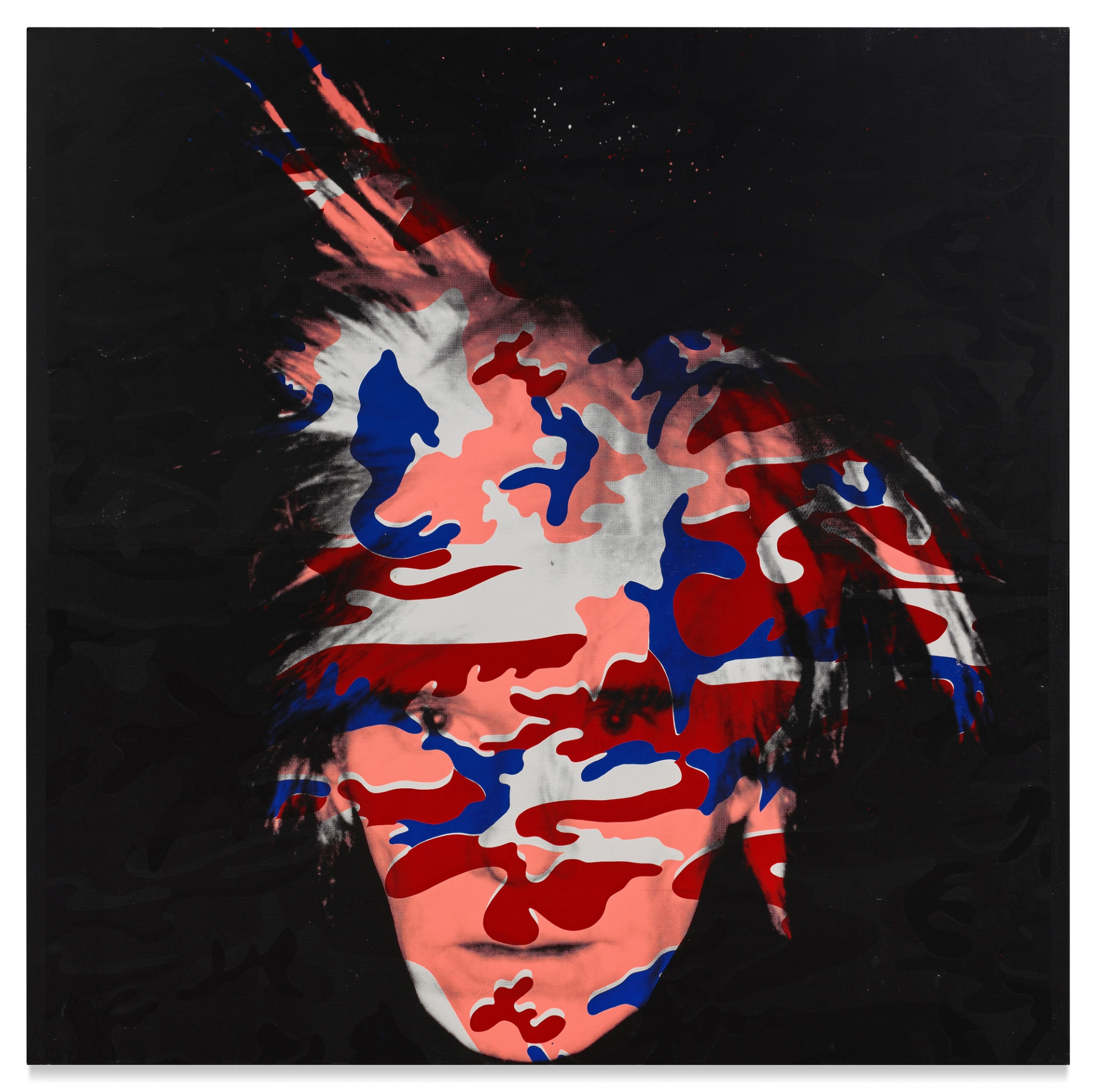 An image of a self-portrait by Andy Warhol. A monochrome photograph of the artist is overlaid with a camouflage pattern done in red, blue and peach.