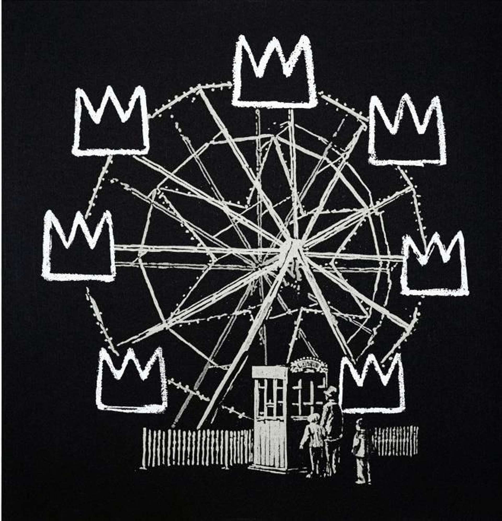 White graffiti style ferris wheel with crowns as the carriages on a black background