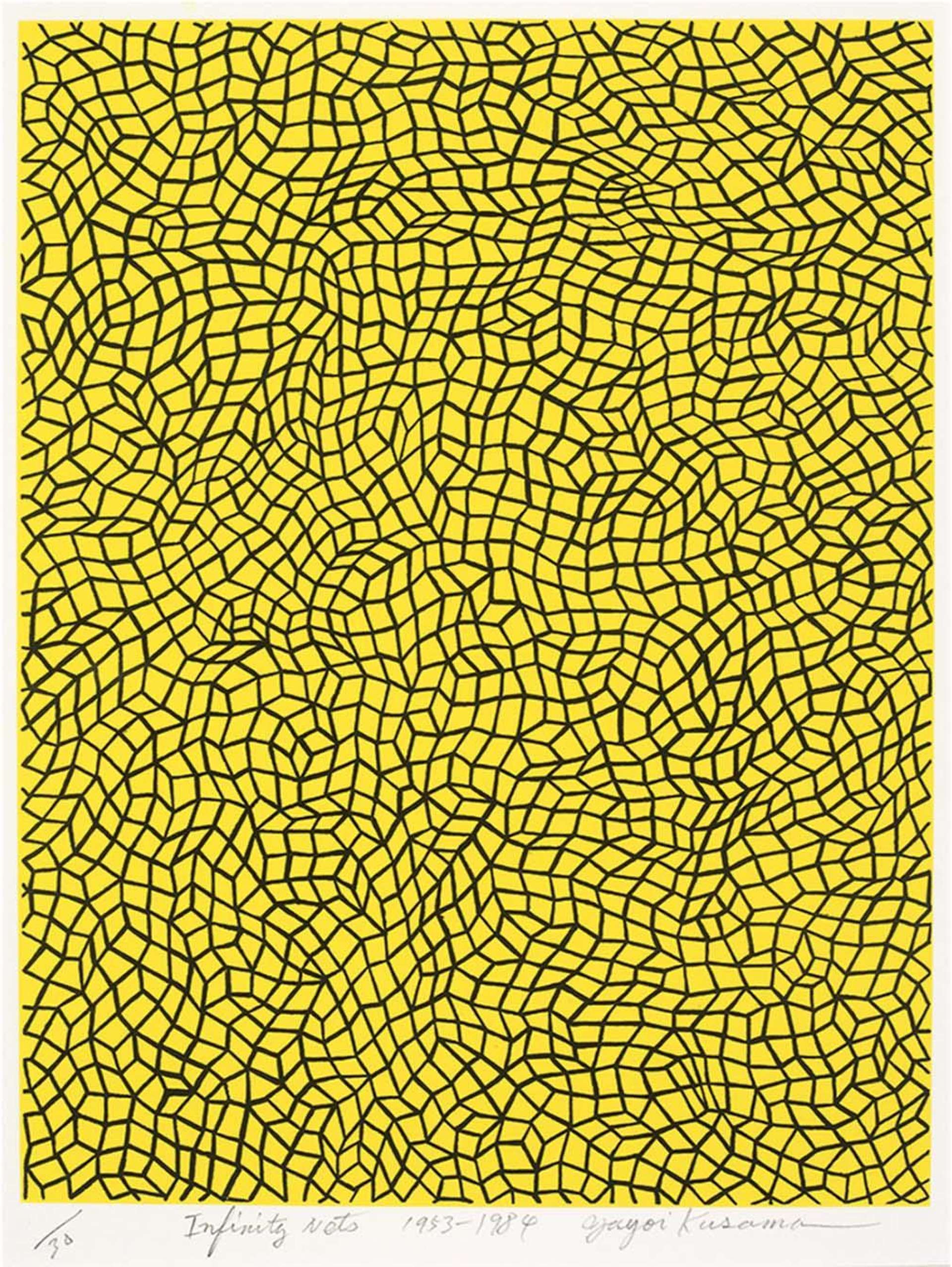 Yayomi Kusama's Infinity Nets. A lithograph of black, geometric patterns over a yellow background. 