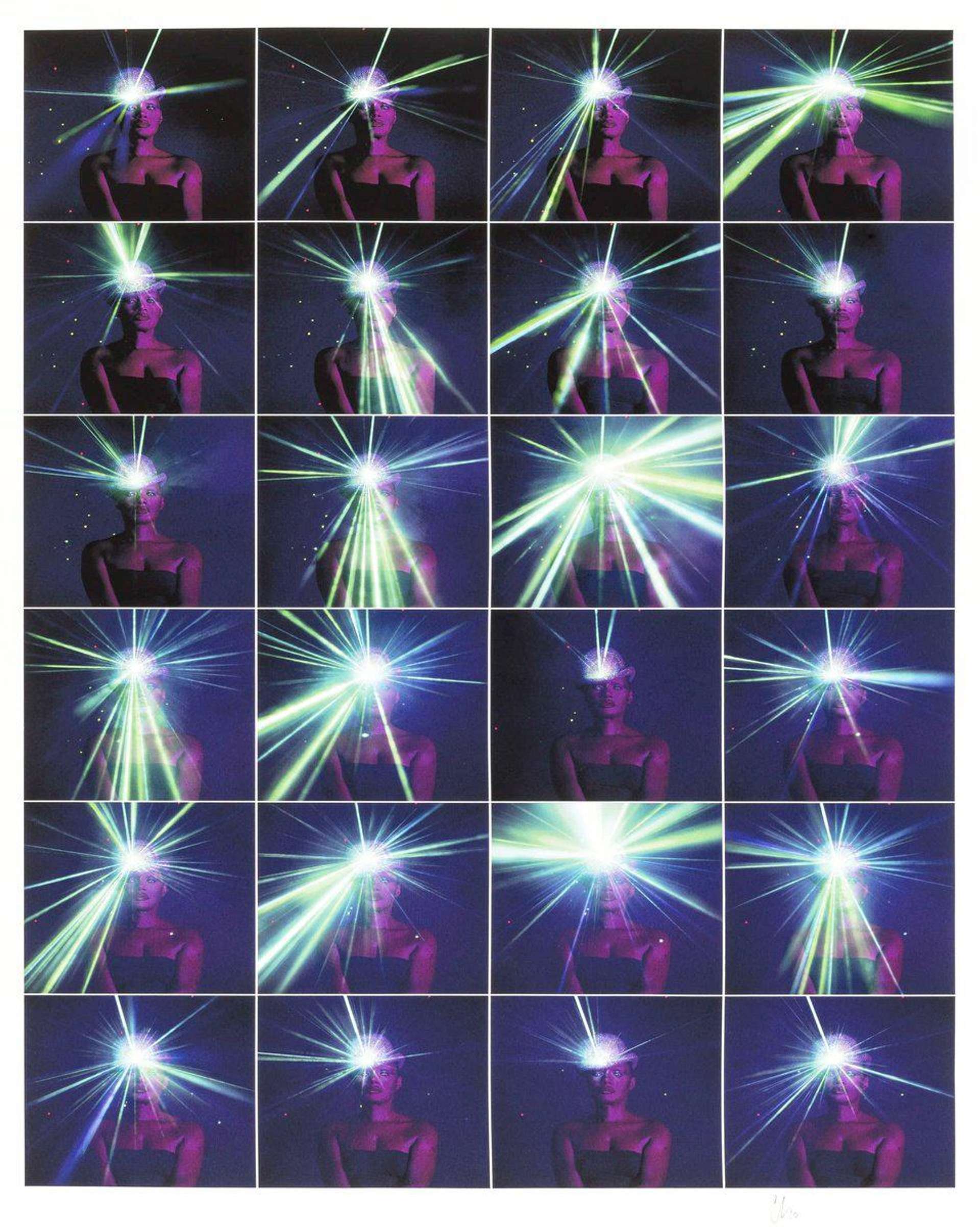 A collage of images of the artist Grace Jones, in otherworldly colours, with a bright light emanating from her head. 