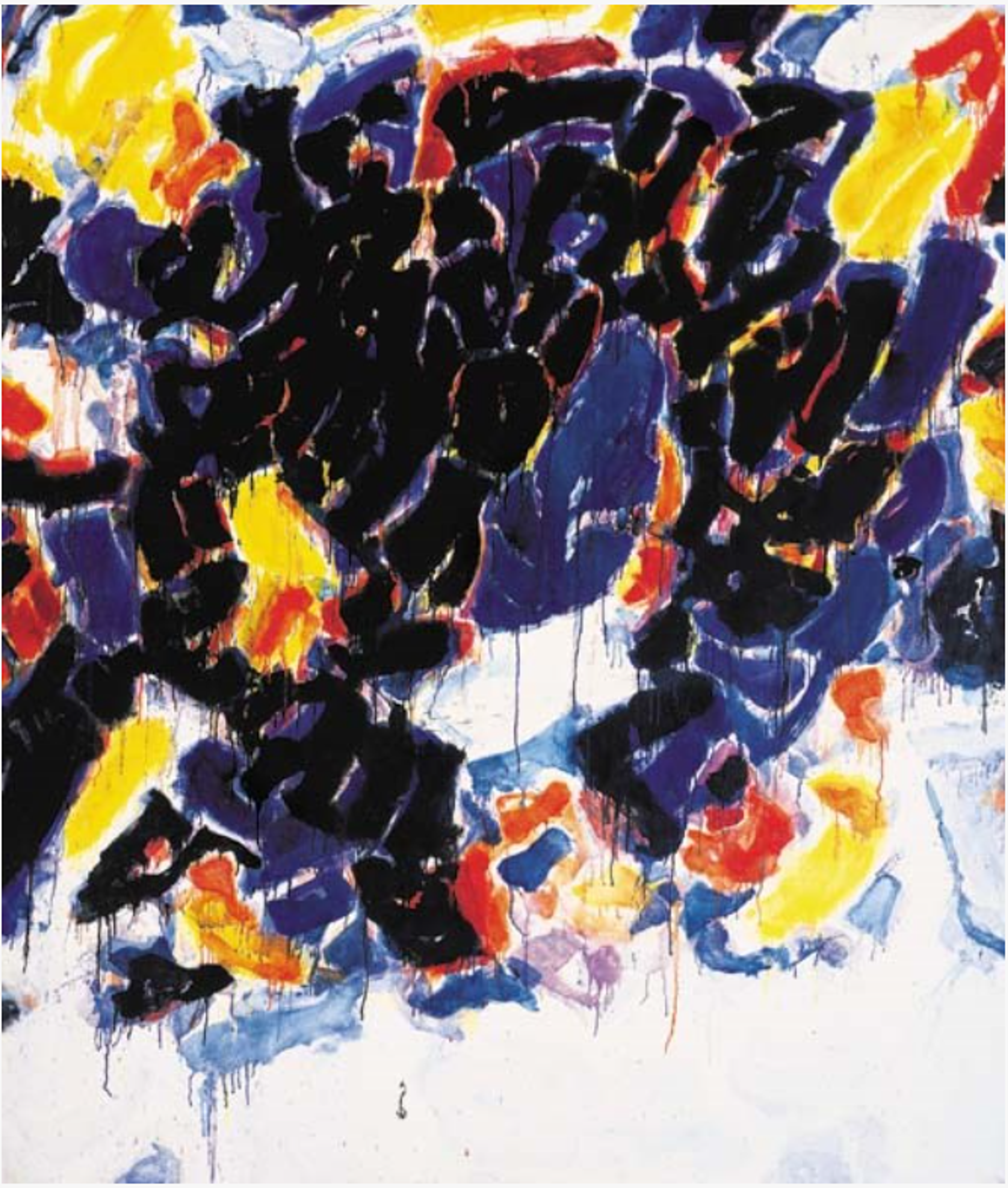 An abstract arrangement of black cellular forms, surrounded by purple, blue, yellow, and red cellular forms. They are focused in the top half of the canvas, leaving white canvas visible on the lower half. Although each cell appears to be individual, colours seep through in the gaps between them and drip down the canvas vertically.