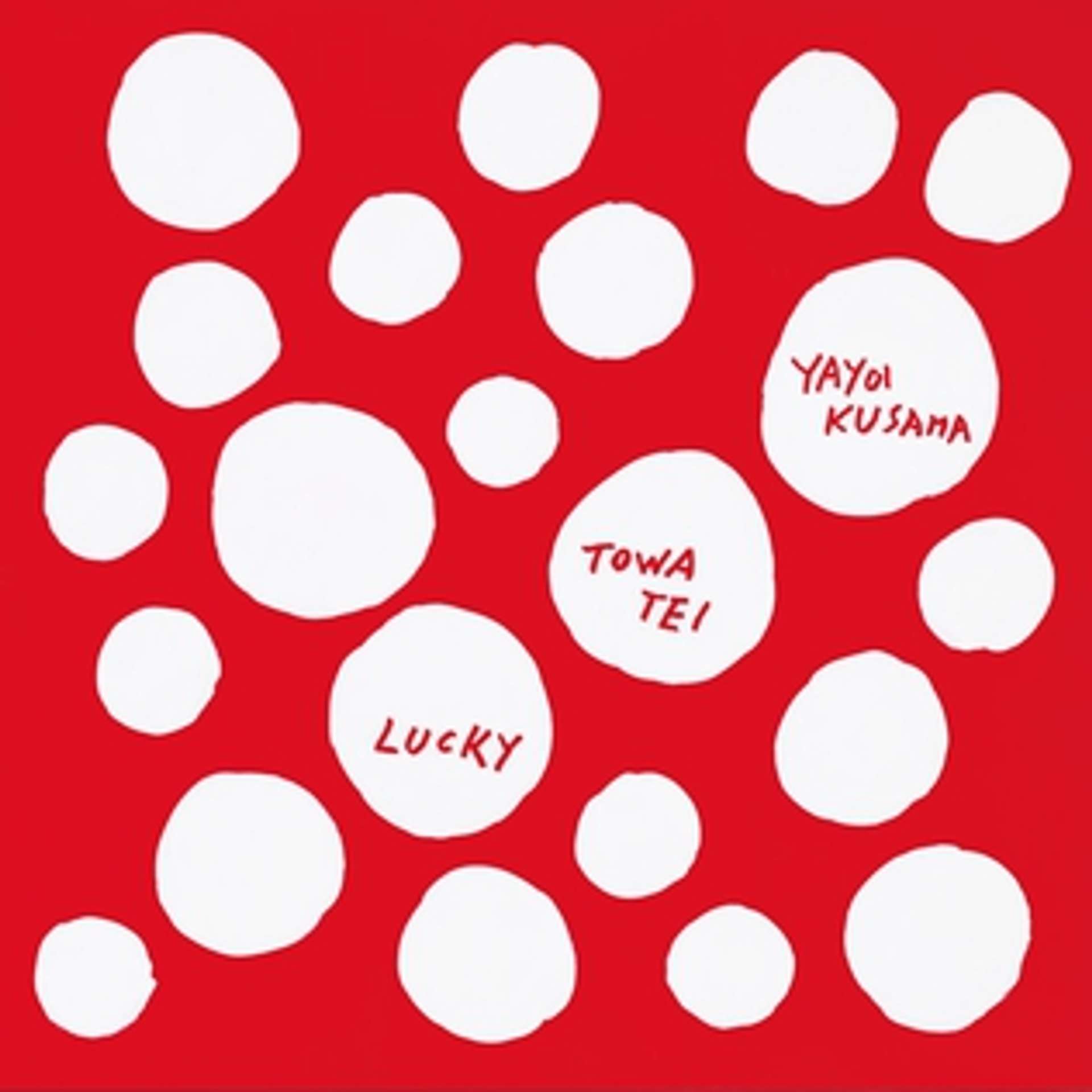 An image of the album cover for Lucky by DJ Towa Tei, showing several of Yayoi Kusama’s white polka dots against a red background.