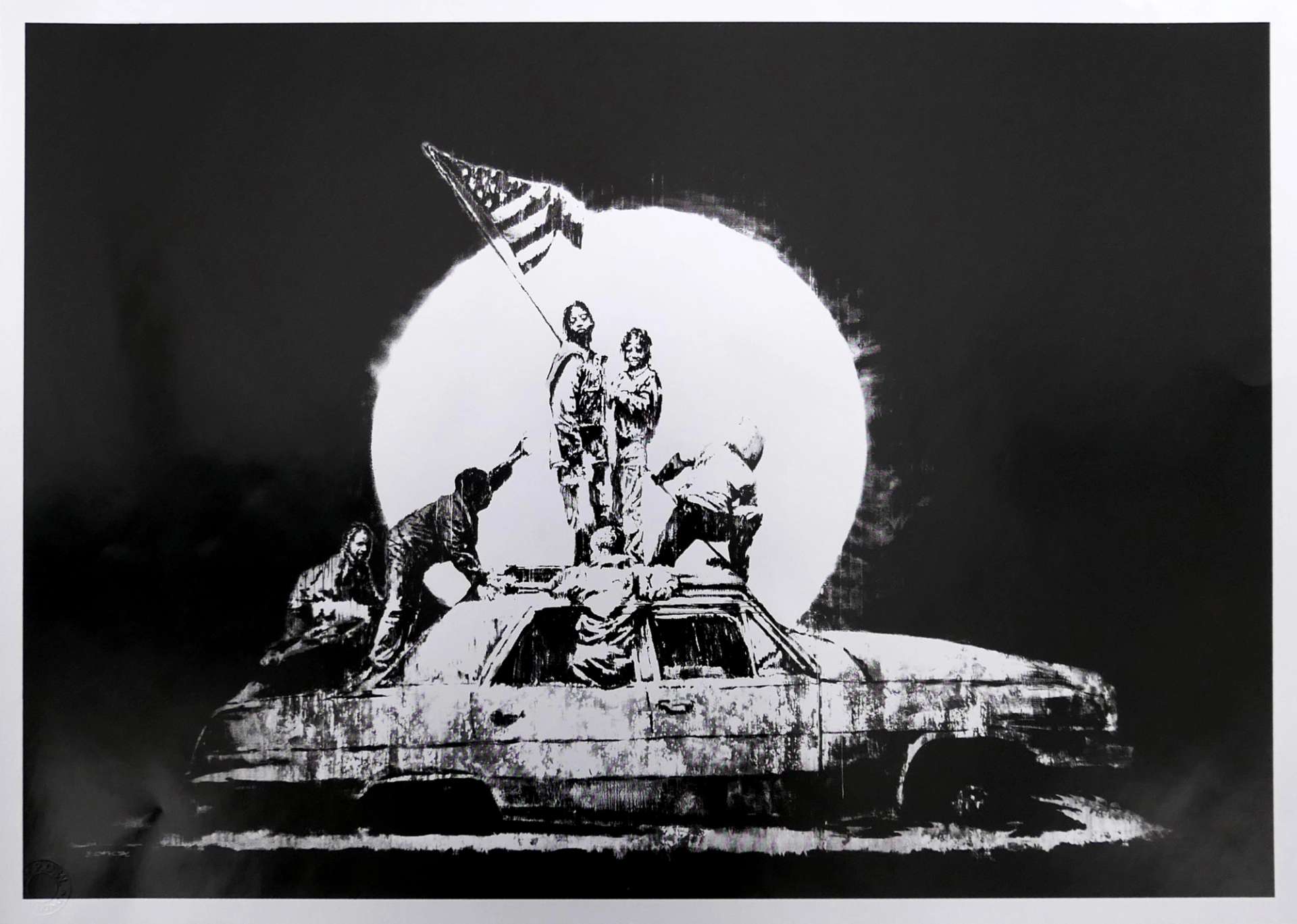 This print parodies Joe Rosenthal's 'Raising the Flag on Iwo Jima' by replacing US marines with urban youths on a car. They are depicted in white and silver against a black background.