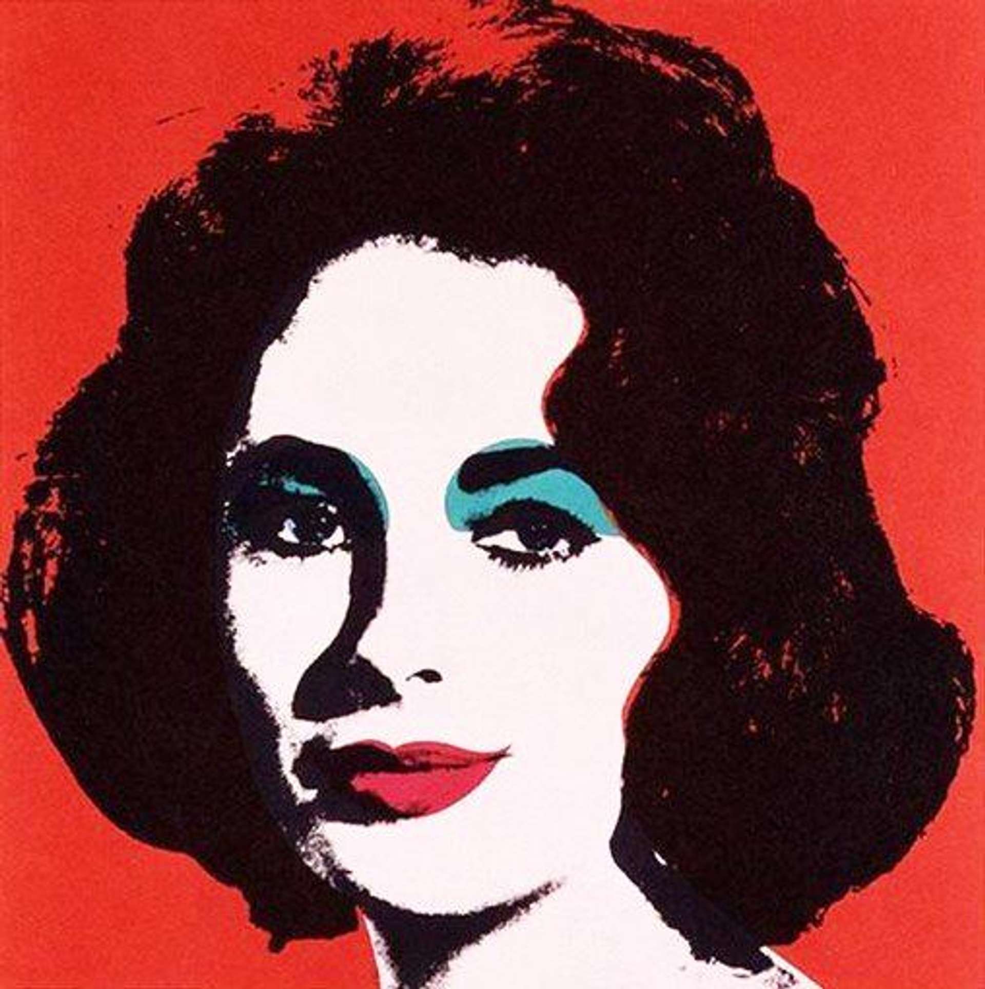 A screenprint by Andy Warhol depicting the close-up portrait of Liz, Taylor against a bright reg background, with Taylor's lips coloured in the same shade of red and her eyelids coloured in teal.