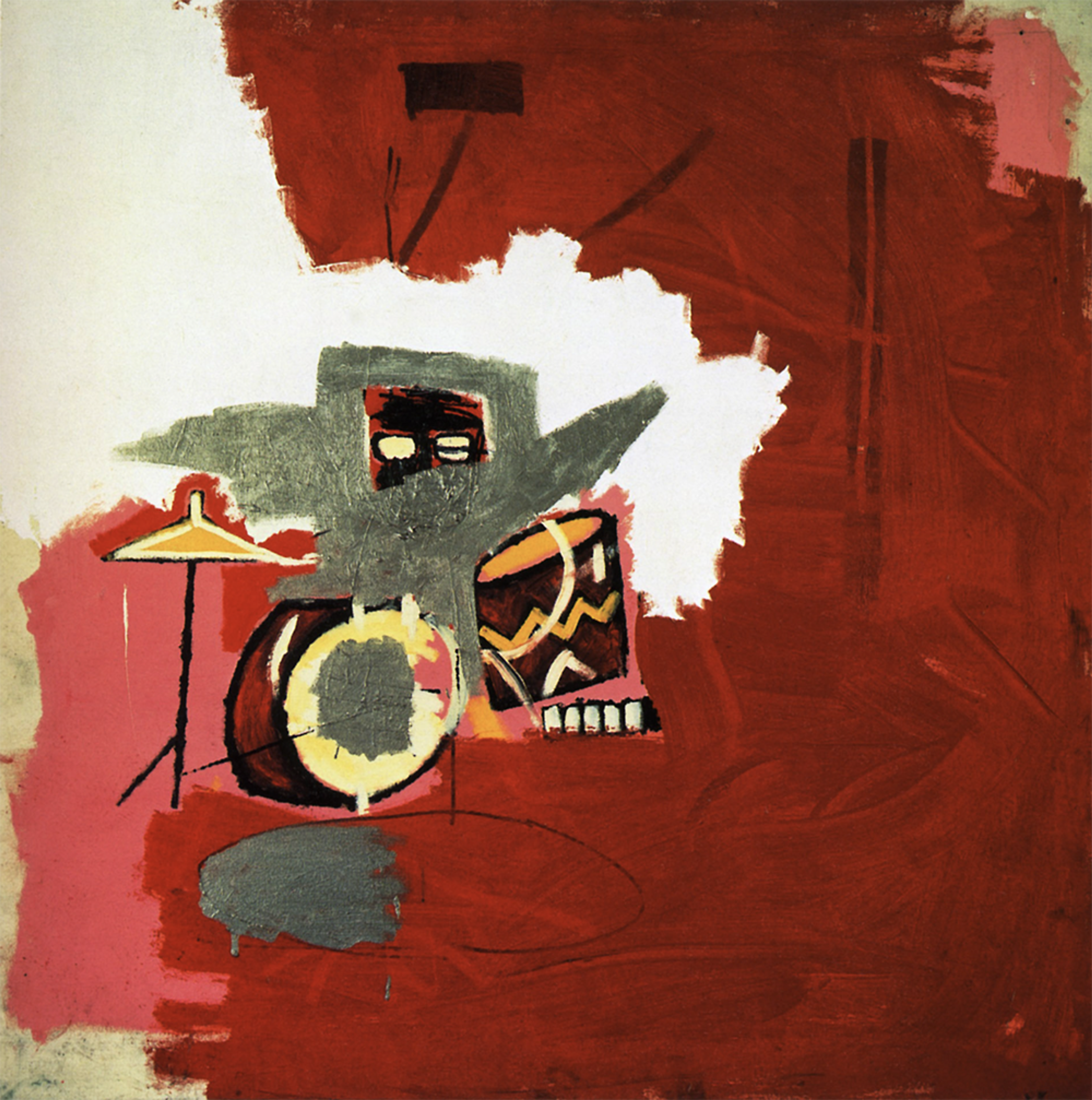 Jean-Michel Basquiat’s Max Roach. An abstract painting depicting percussionist Max Roach sitting at his drums in front of a predominantly red background.