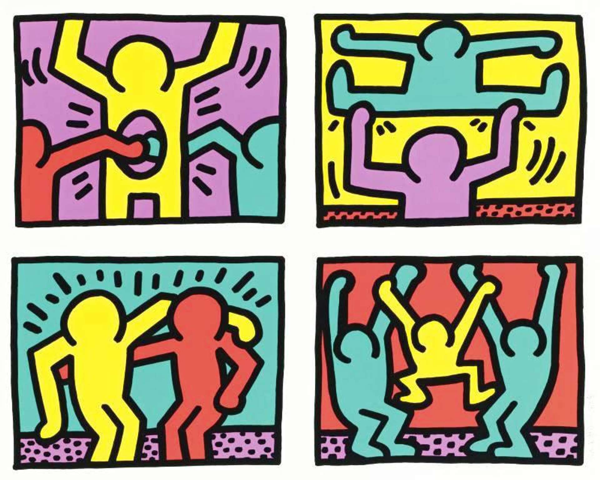 Four brightly coloured prints from Keith Haring's Pop Shop series. Each print depicts simply outlined figures hugging, dancing and jumping against a block colour background.