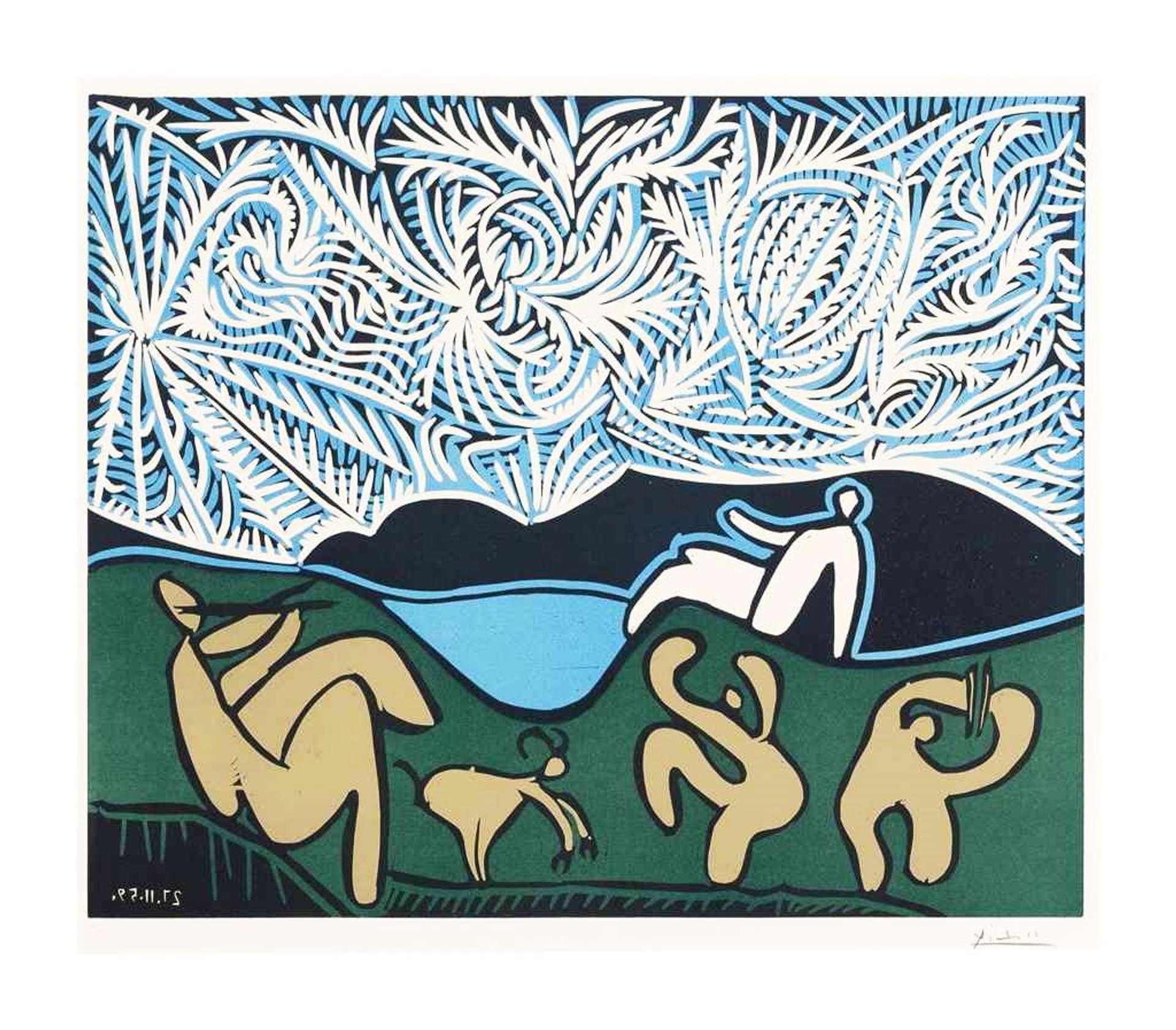 An abstract painting of human and animal figures sitting on the hills over a lake. The sky is intricately coloured with a blue and white branch-like shapes.