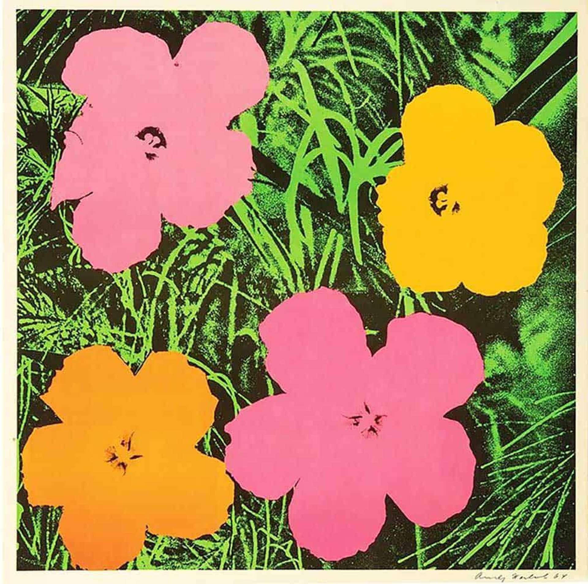 An offset lithograph by Andy Warhol depicting pink, orange and yellow flowers against a green bed of grass.