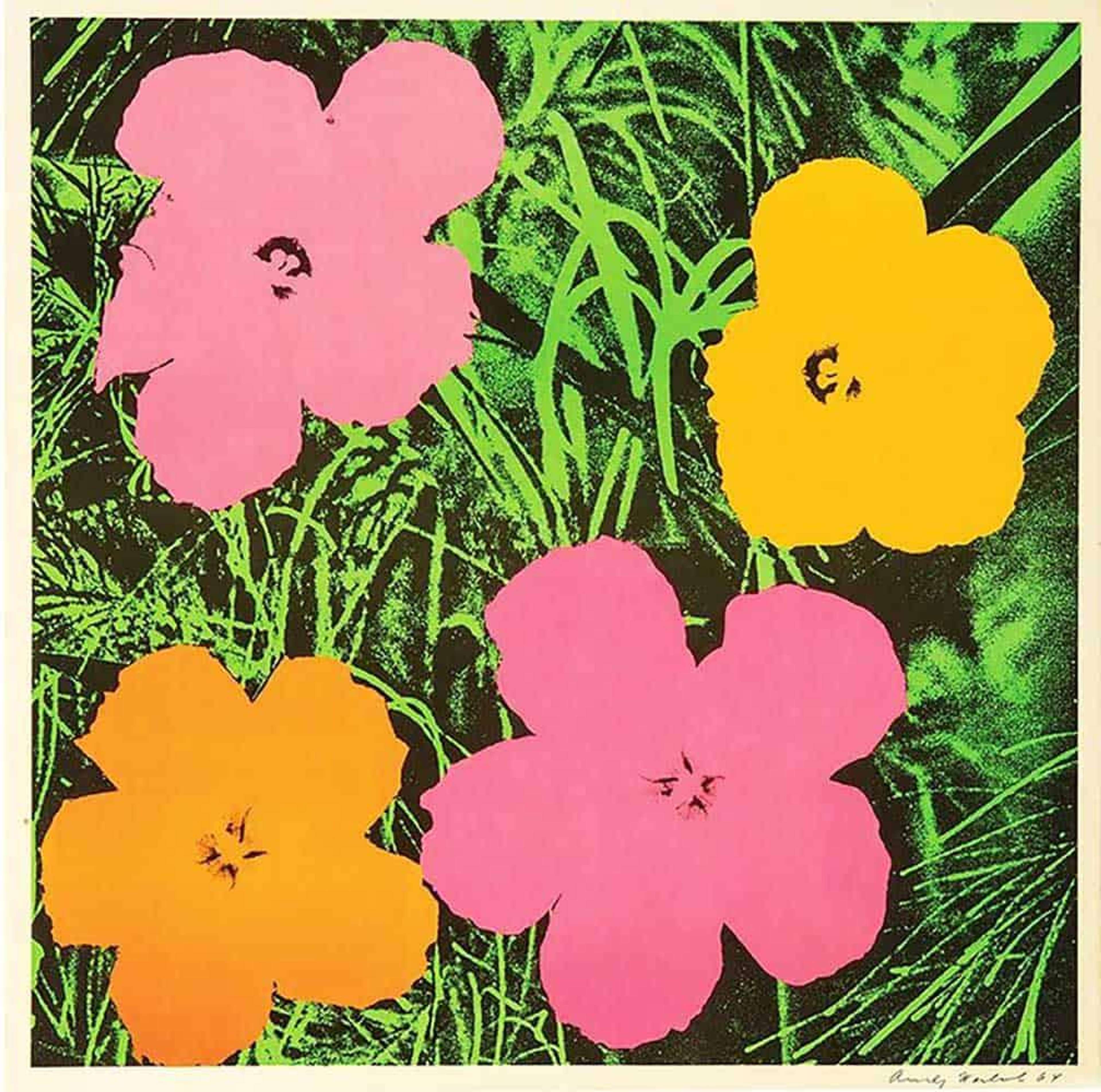 An offset lithograph by Andy Warhol depicting pink, orange and yellow flowers against a green bed of grass.