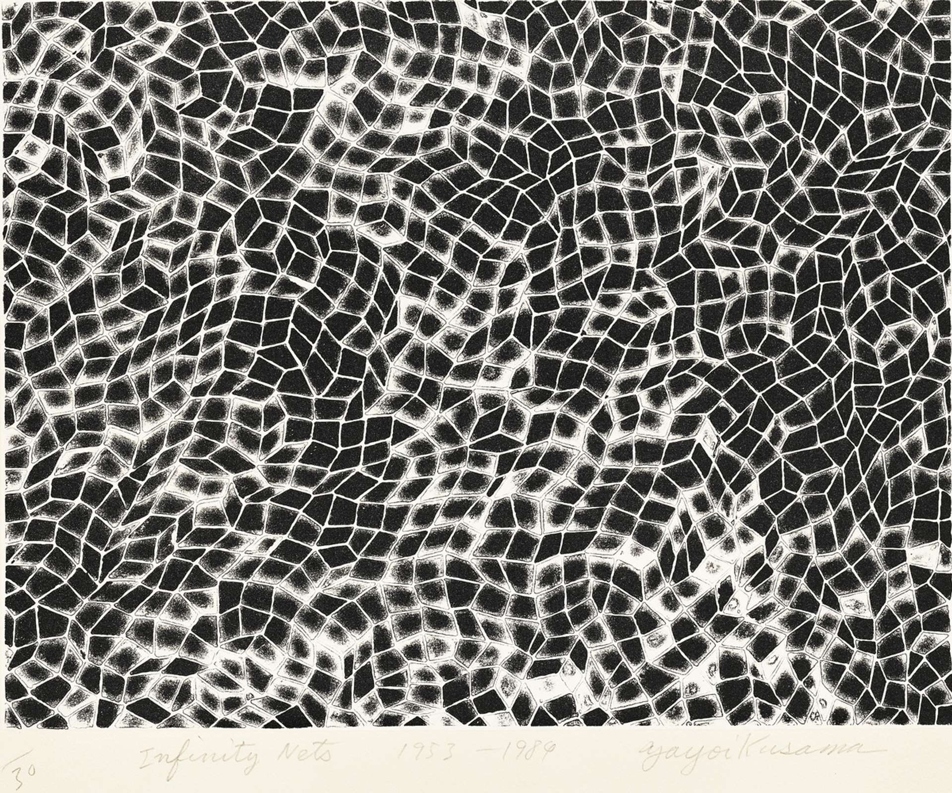 Yayomi Kusama's Infinity Nets. A lithographic print of webbed white lines over a black background. 