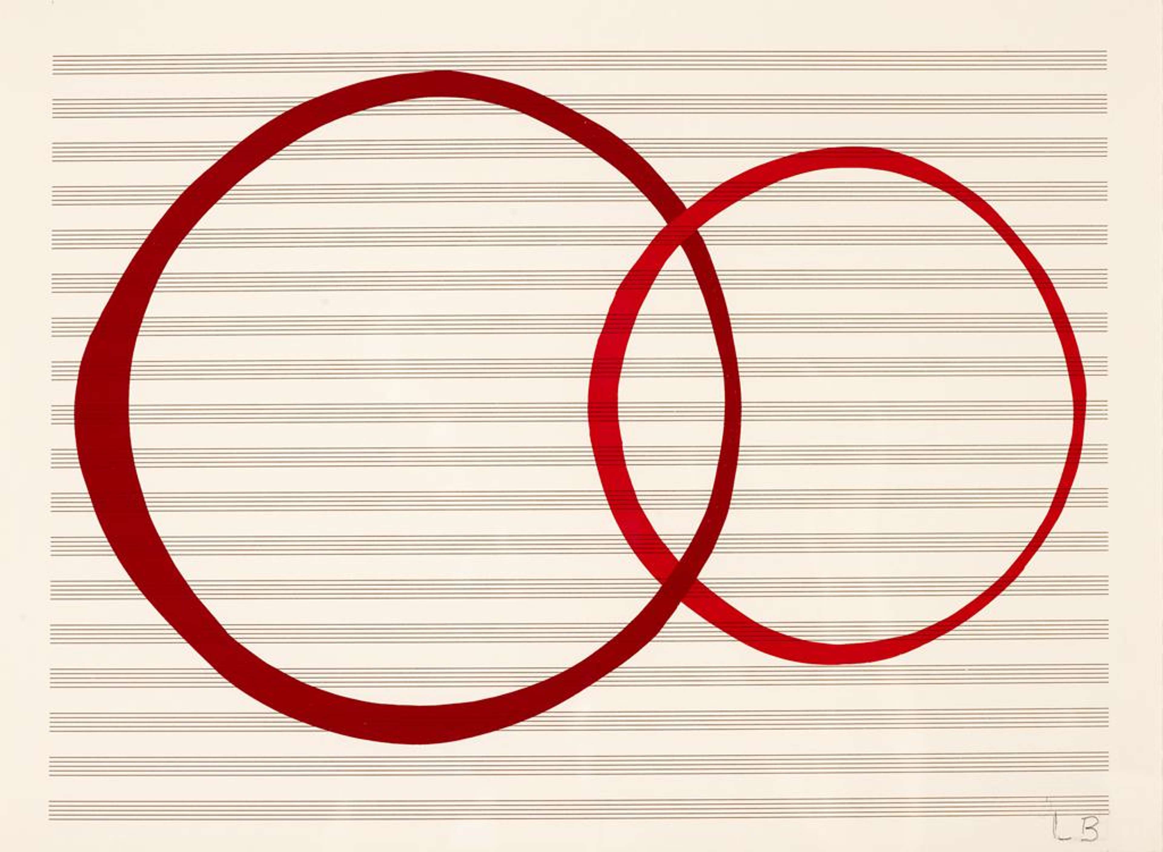 Louise Bourgeois’ Untitled #10. A screenprint of two connected red circles against a sheet of horizontal lines.