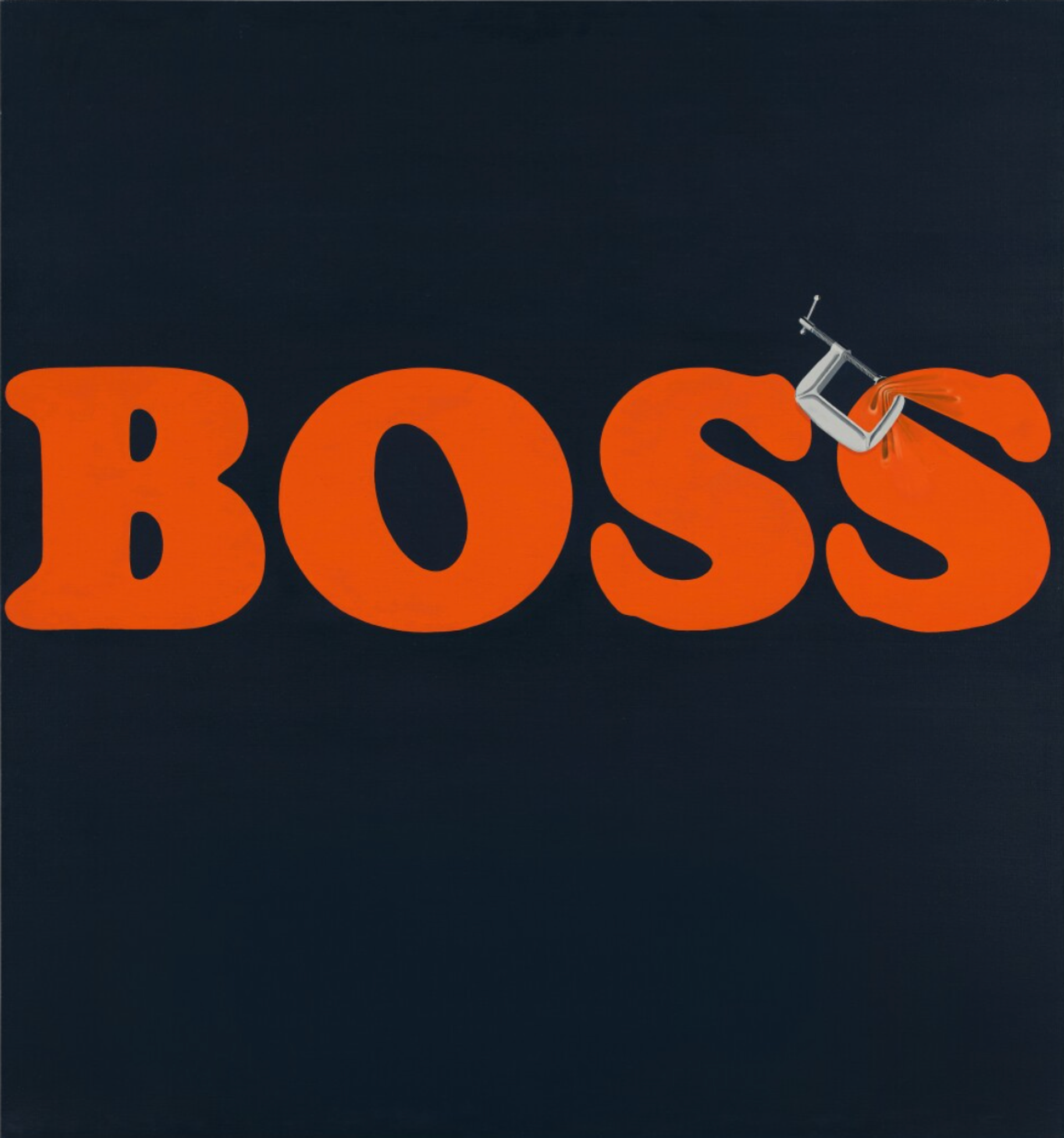 Painting by Ed Ruscha depicting the word 'BOSS' in capitalised, simplistic, bold orange lettering against a dark blue background. There is a clamp on the final letter 's', distorting the shape of the letter.