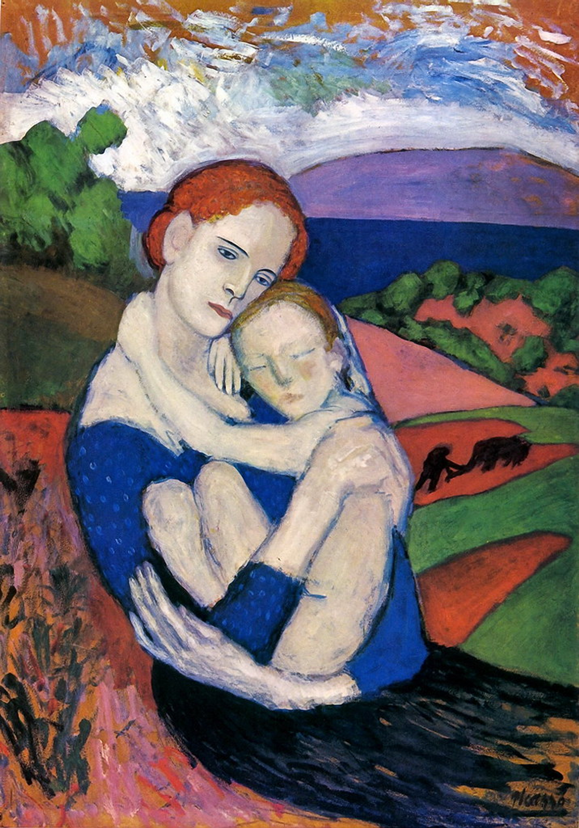 This image shows a red-headed woman cradling her child, against a landscaped backdrop.