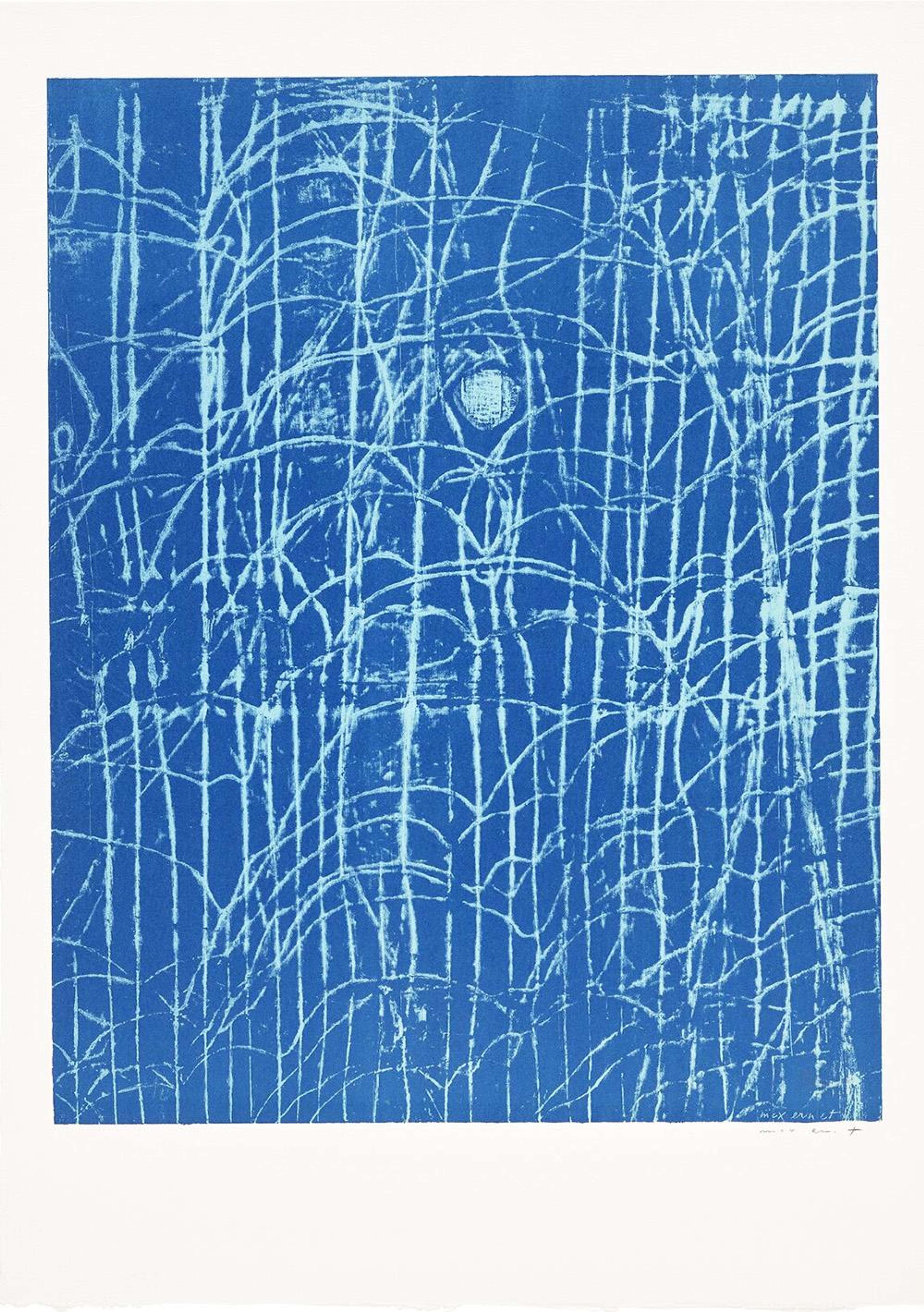 A lithograph print predominantly in blue. White lines have been scratched across the surface of the blue ink to create an abstract view through the trees of a forest, with the moon in the distance. 