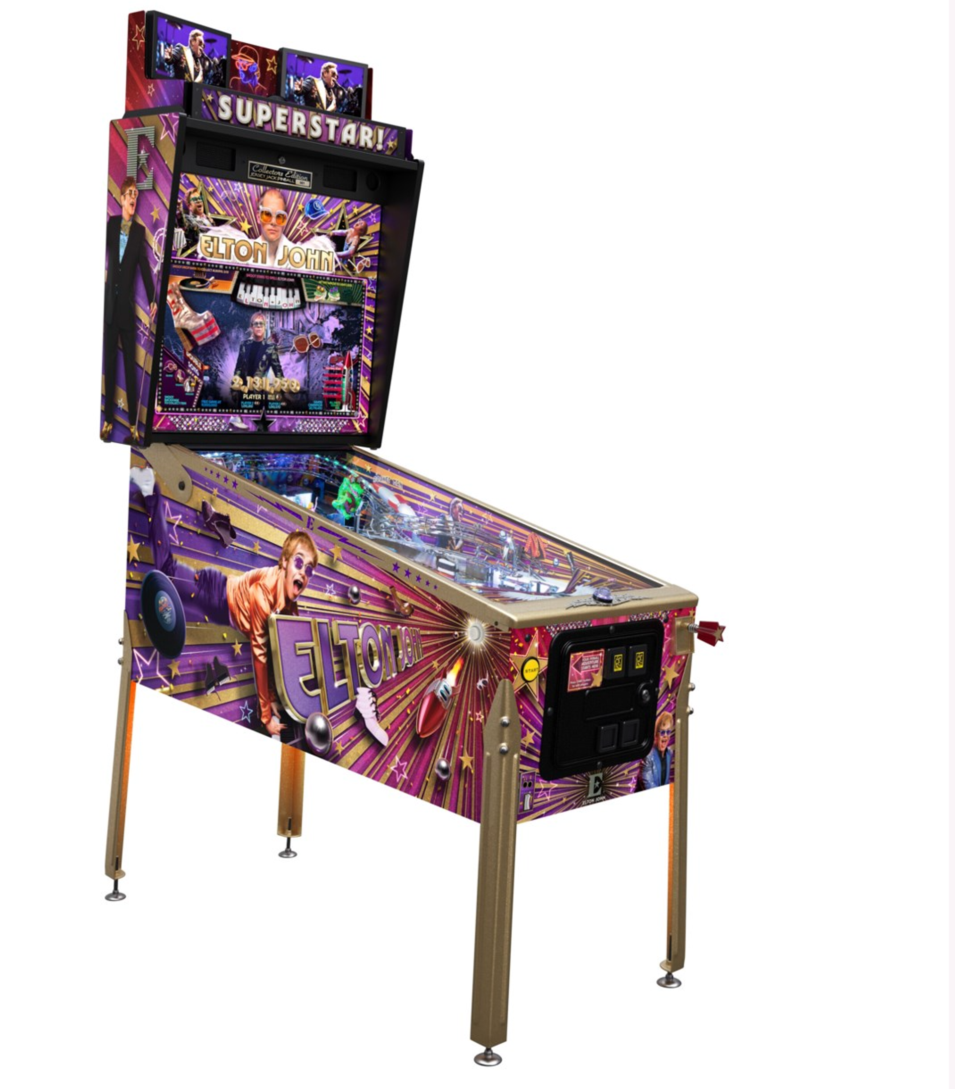 A traditional pinball machine, decorated with portraits of John and bright musical motifs.