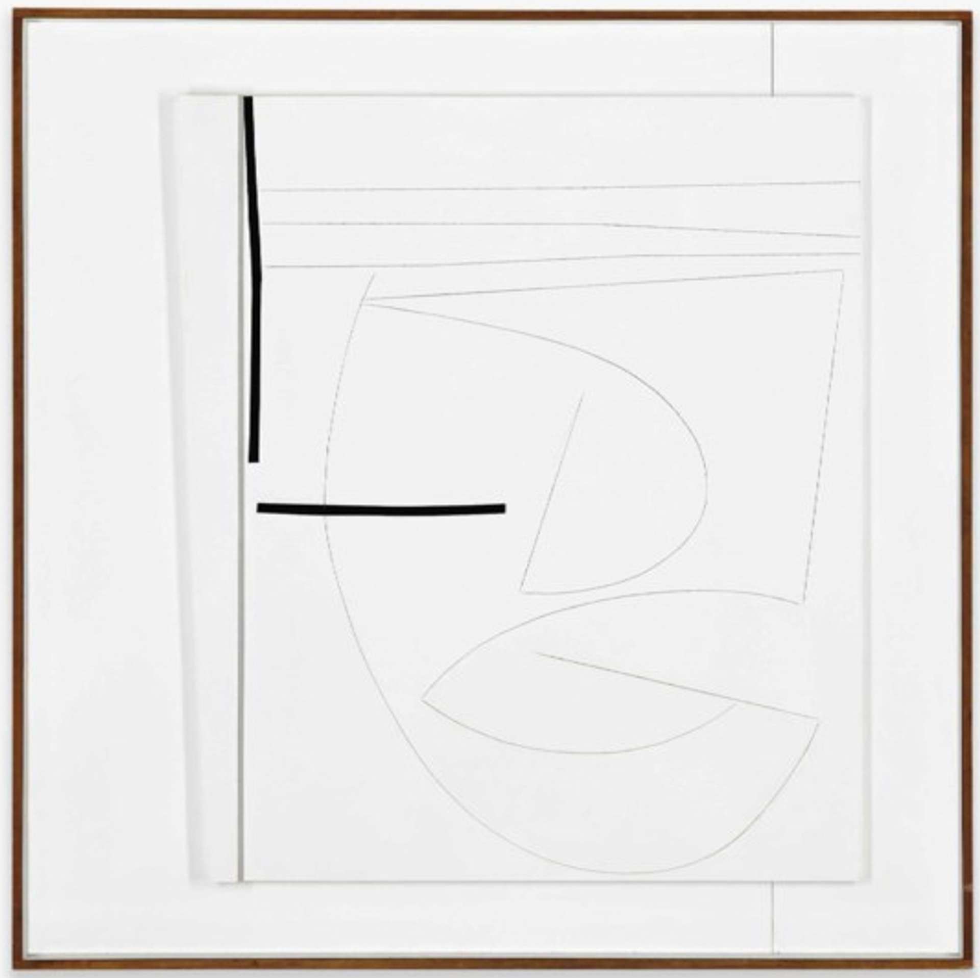 A white square canvas with delicate black lines forming a central square and various abstract shapes within it.
