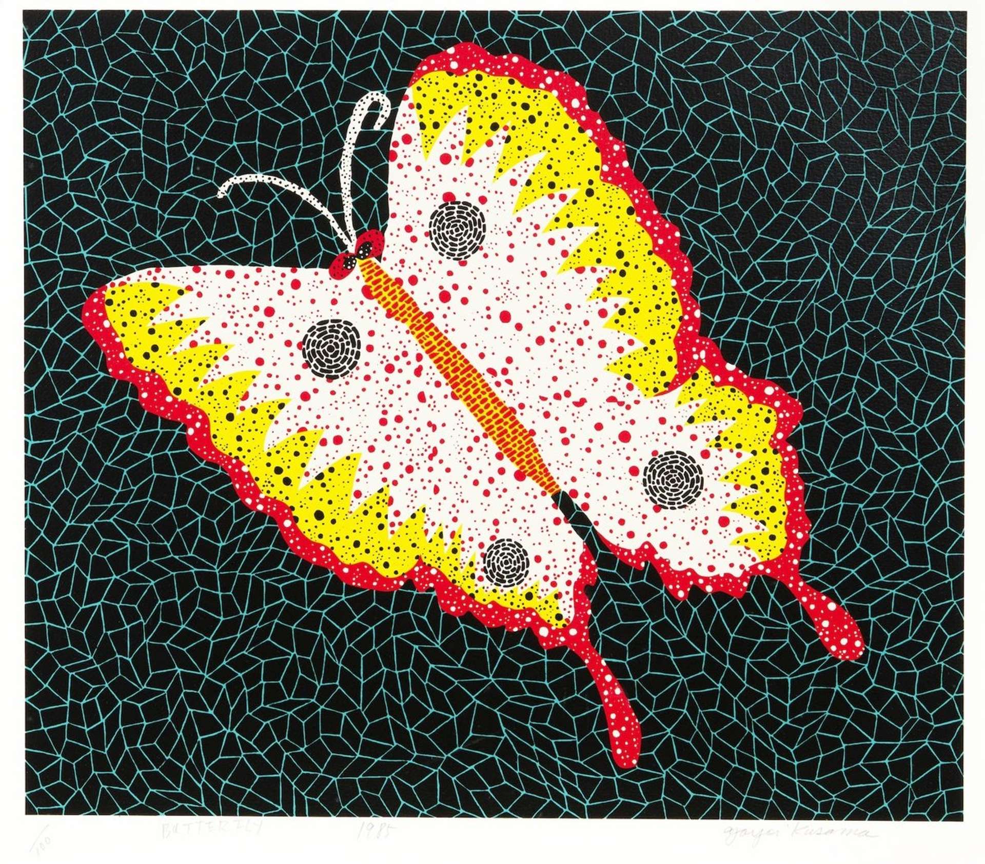 Yayoi Kusama’s Butterfly, Kusama 81. A screenprint of a white, red, and yellow butterfly designed with a pattern of dots against a dark background.