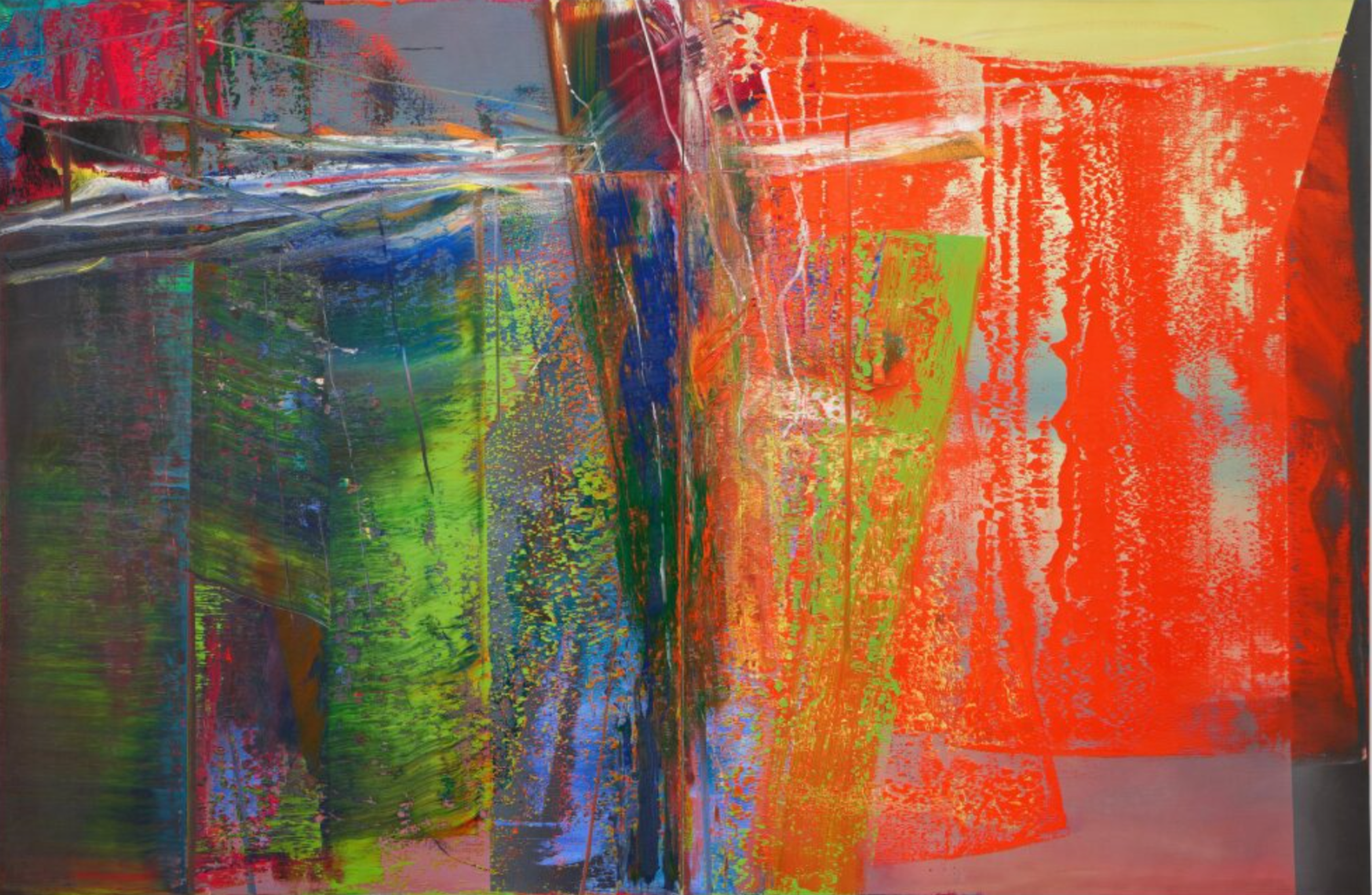 Abstract painting by Gerhard Richter, featuring abstract smears of red, green, blue pink and grey.