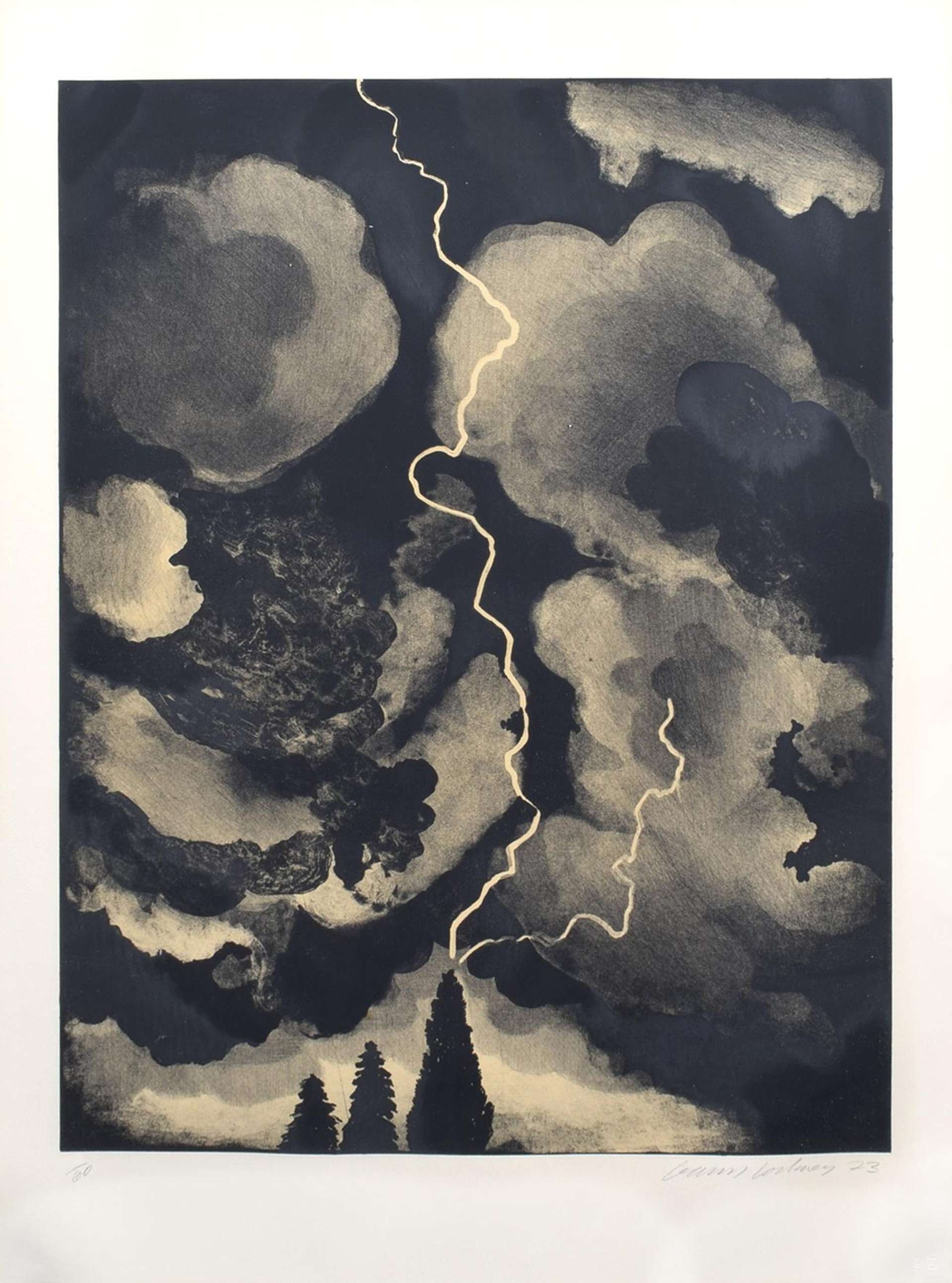 Swirls of inky black clouds crowd in from the sides of the image, split by a thread of lightning which appears to be about to strike the fir trees below. The composition is mostly sky and bordering on abstract, the clouds almost expressionist in their movement and transparency. 