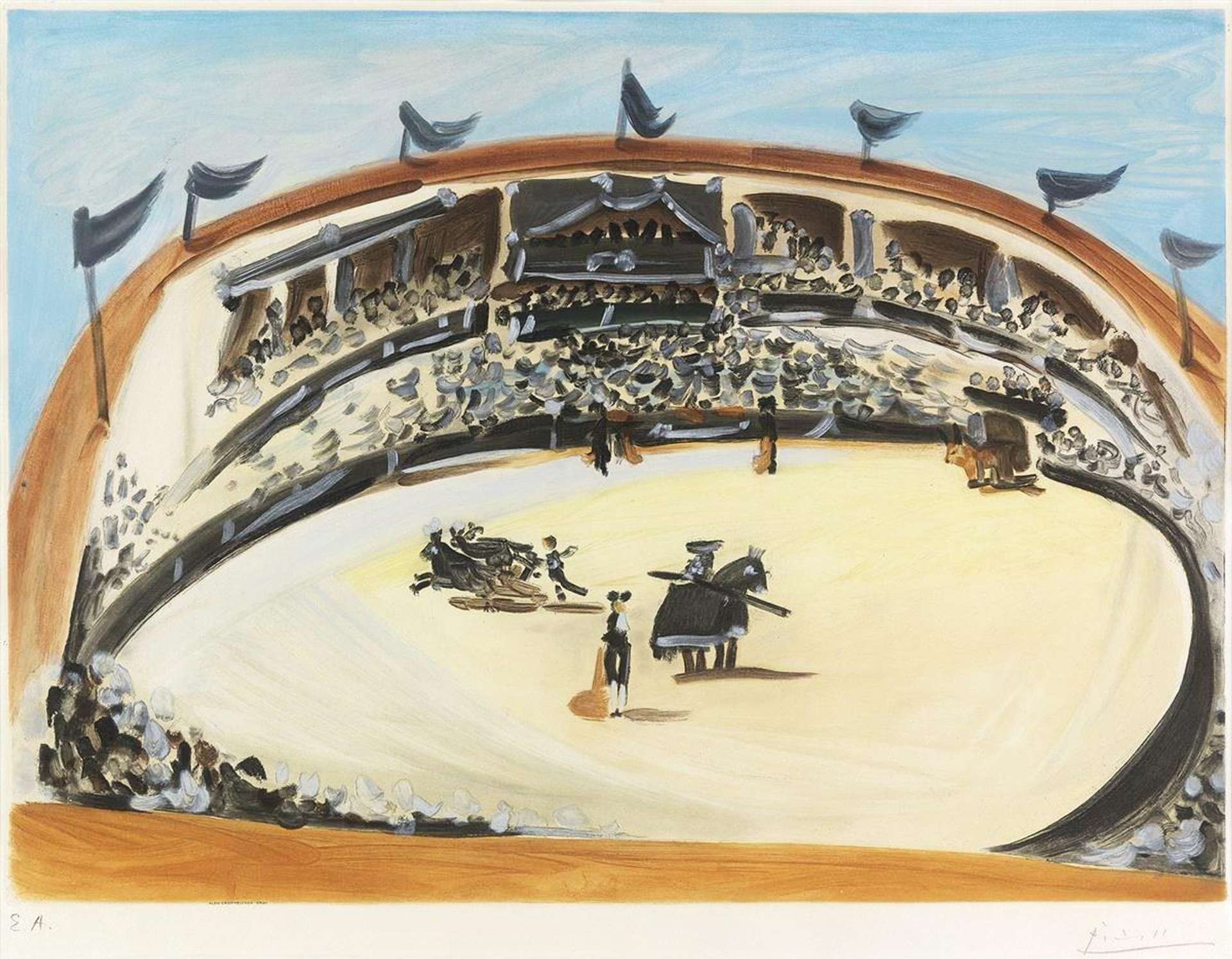 This print shows the ritual of the running of the bulls in Spain. It is a large arena with bullfighters and jockeys leading the bulls out.