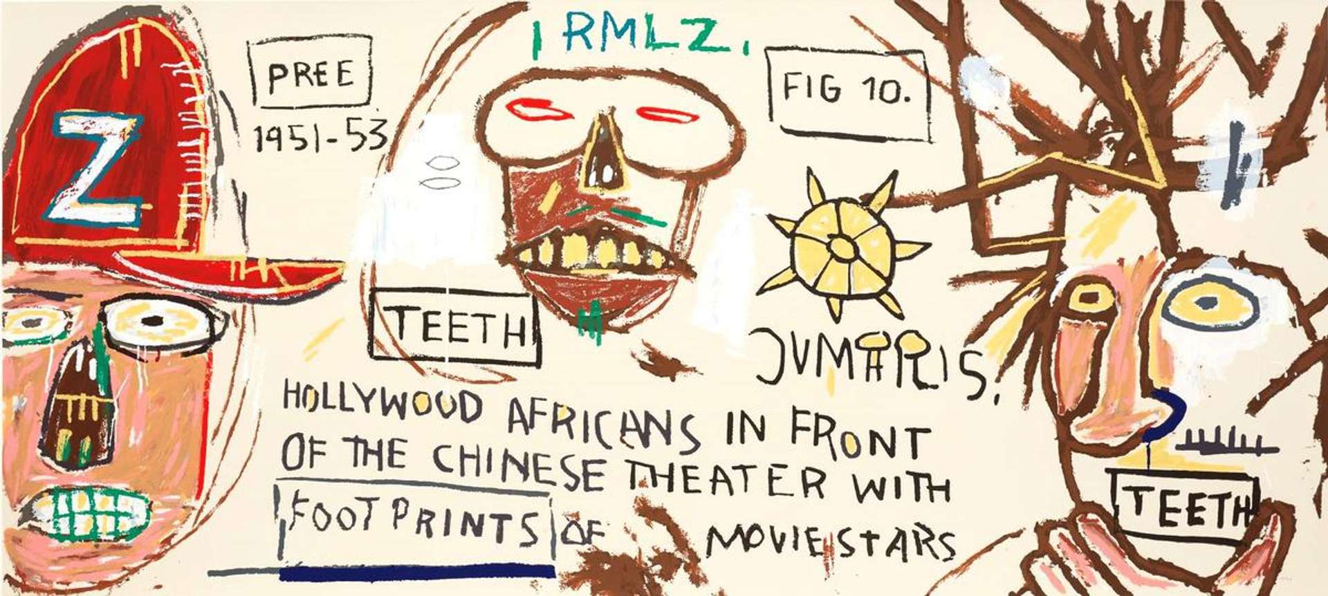 In this print, we see Basquiat depicted together with close friends Toxic and Ramellzee. The image, with its exaggerated stereotypes of Blackness, point to the restrictive and demeaning depictions of people of colour in the history of American film.