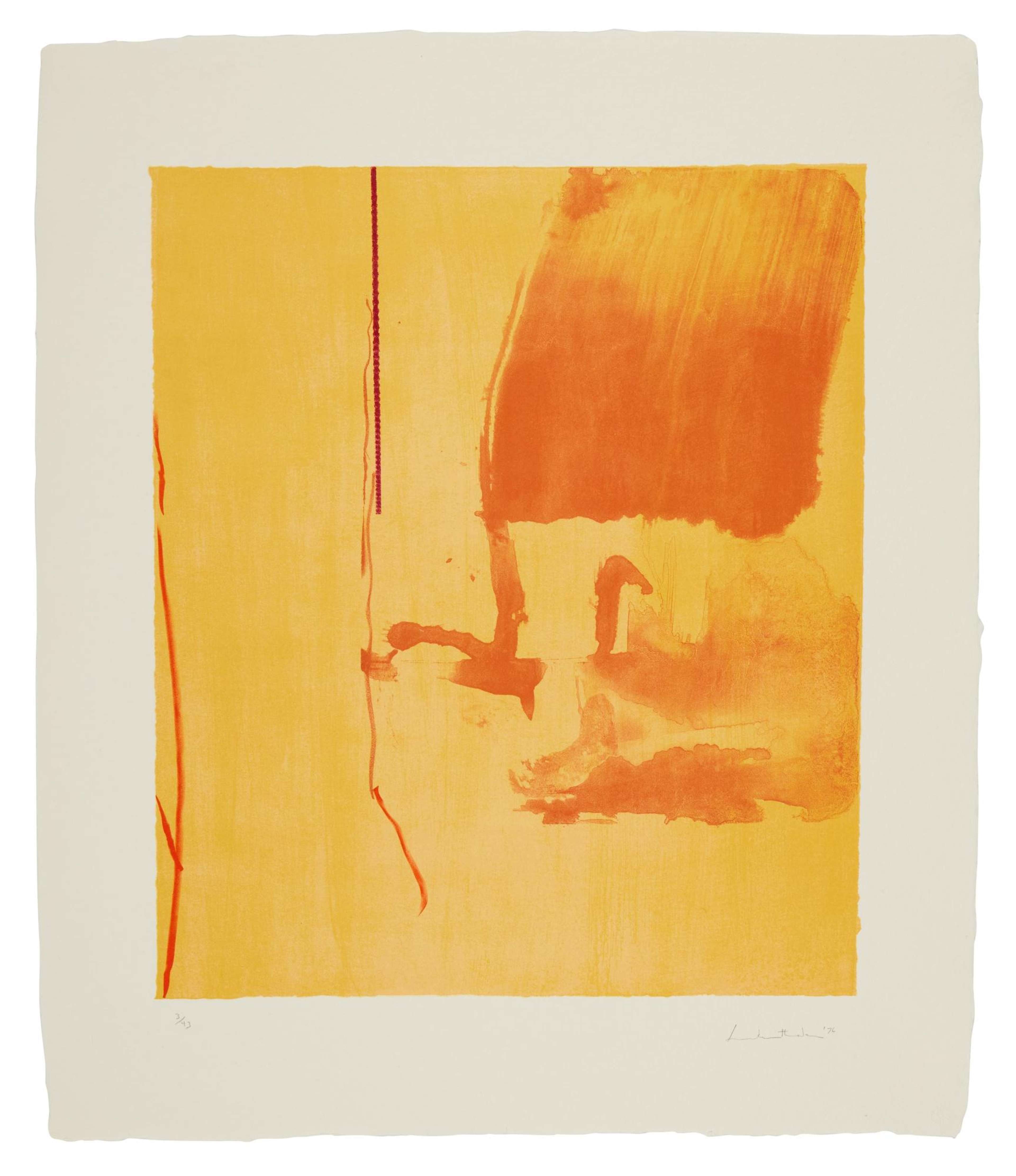 Helen Frankenthaler’s Harvest. An abstract expressionist woodcut print of warm orange and yellow tones.
