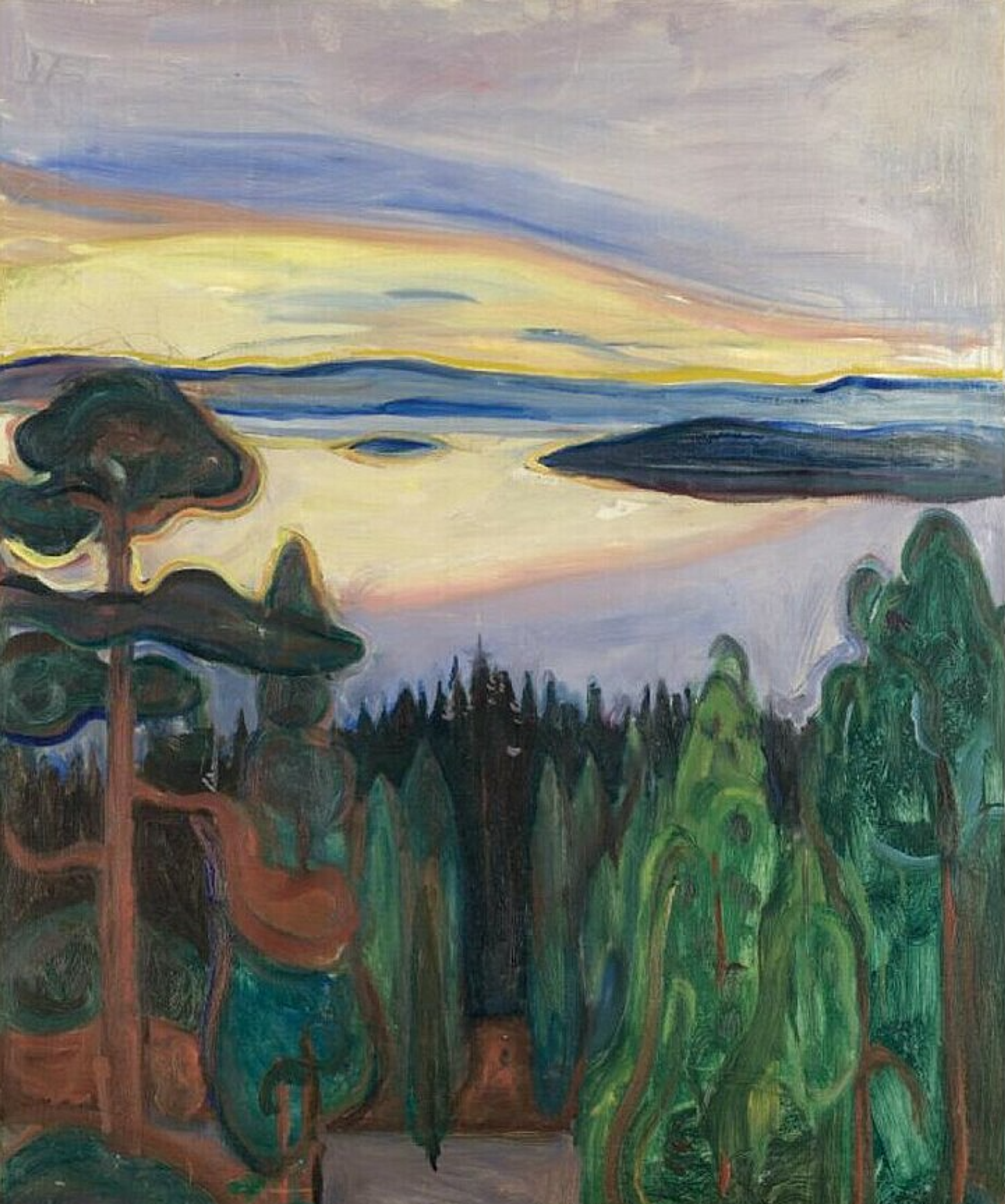 A landscape painting depicting a serene view of a forest and distant water at sunset. Tall green trees with curving forms frame the foreground, while darker pine trees create a dense central cluster. Beyond, a calm body of water stretches toward low hills under a glowing sky of yellow, blue, and lavender tones.