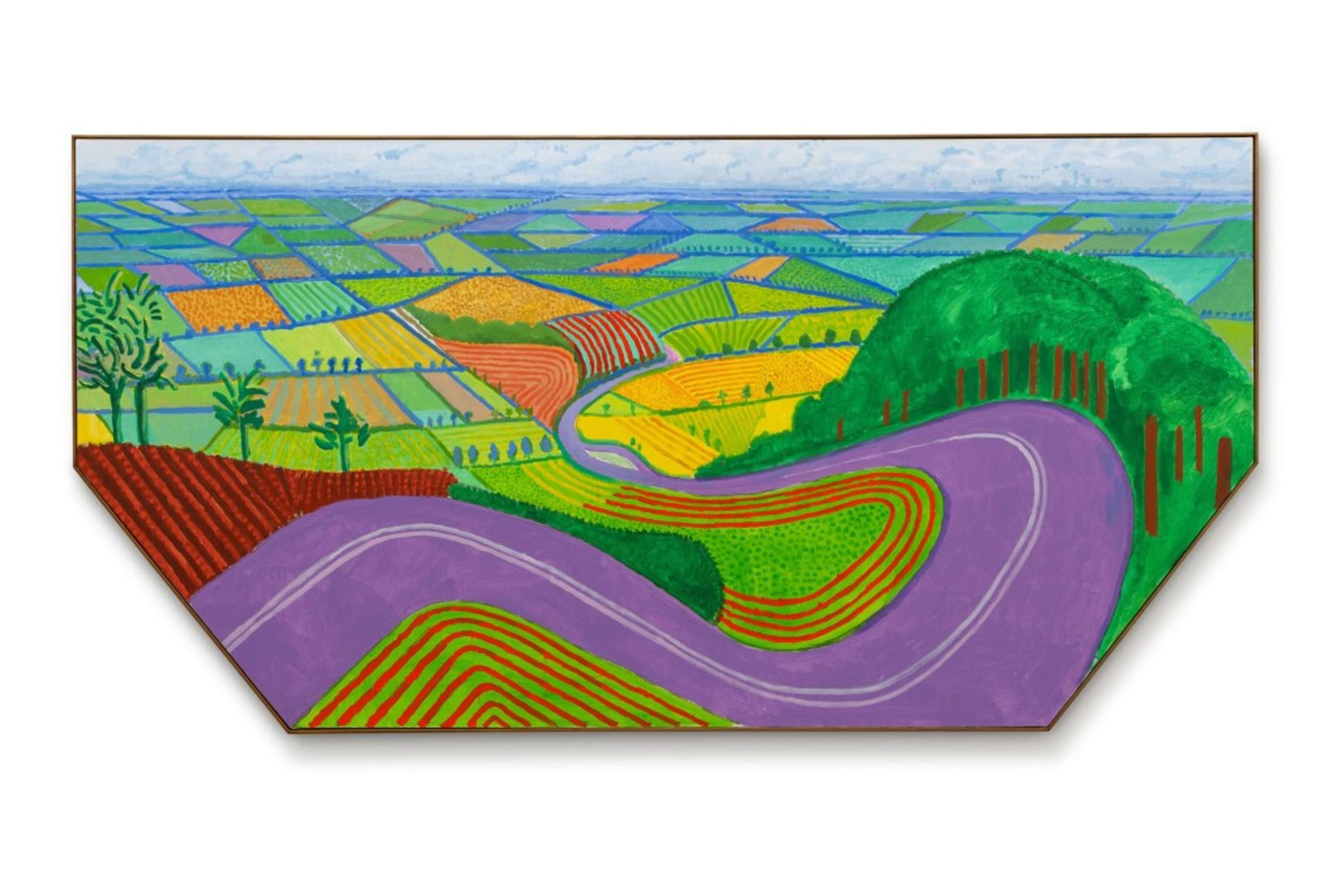 David Hockney’s Garrowby Hill. An oil on canvas landscape painting of a winding road down a countryside. 