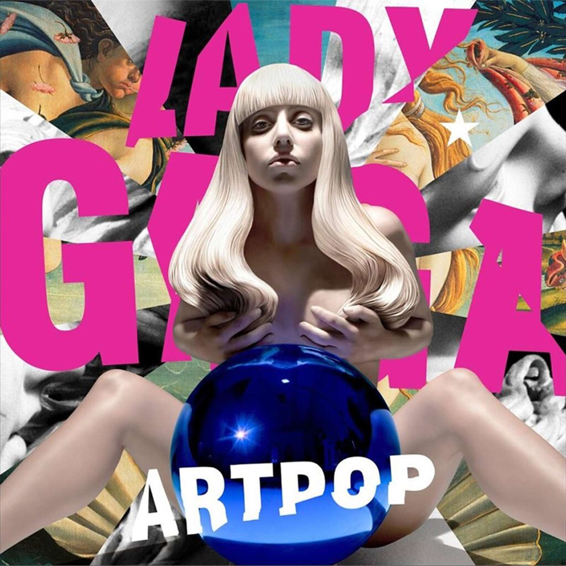 Lady Gaga's cover art for her 2013 album ARTPOP, designed by Jeff Koons. A sculpture of Gaga appears at the centre of the cover, with a shiny blue ball covering her crotch. Gaga's name is written in bright pink behind the sculpture, spliced with fragments of famous paintings. The title ‘ARTPOP’ is written on top of the blue ball at the bottom of the cover.