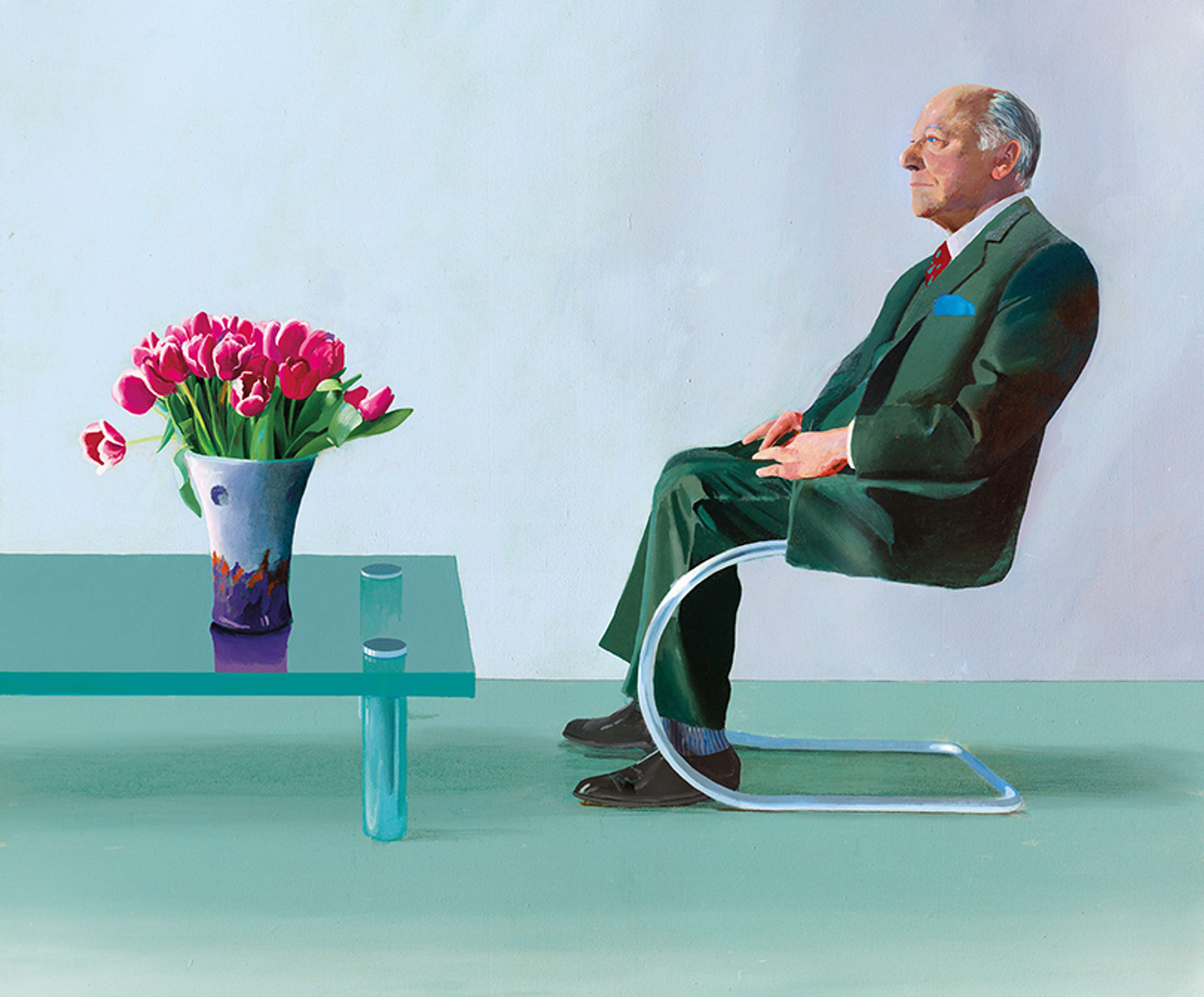 David Hockney’s Portrait Of Sir David Webster. An oil on canvas portrait of the side profile of a seated man wearing a green suit in front of a pink bouquet of tulips. 