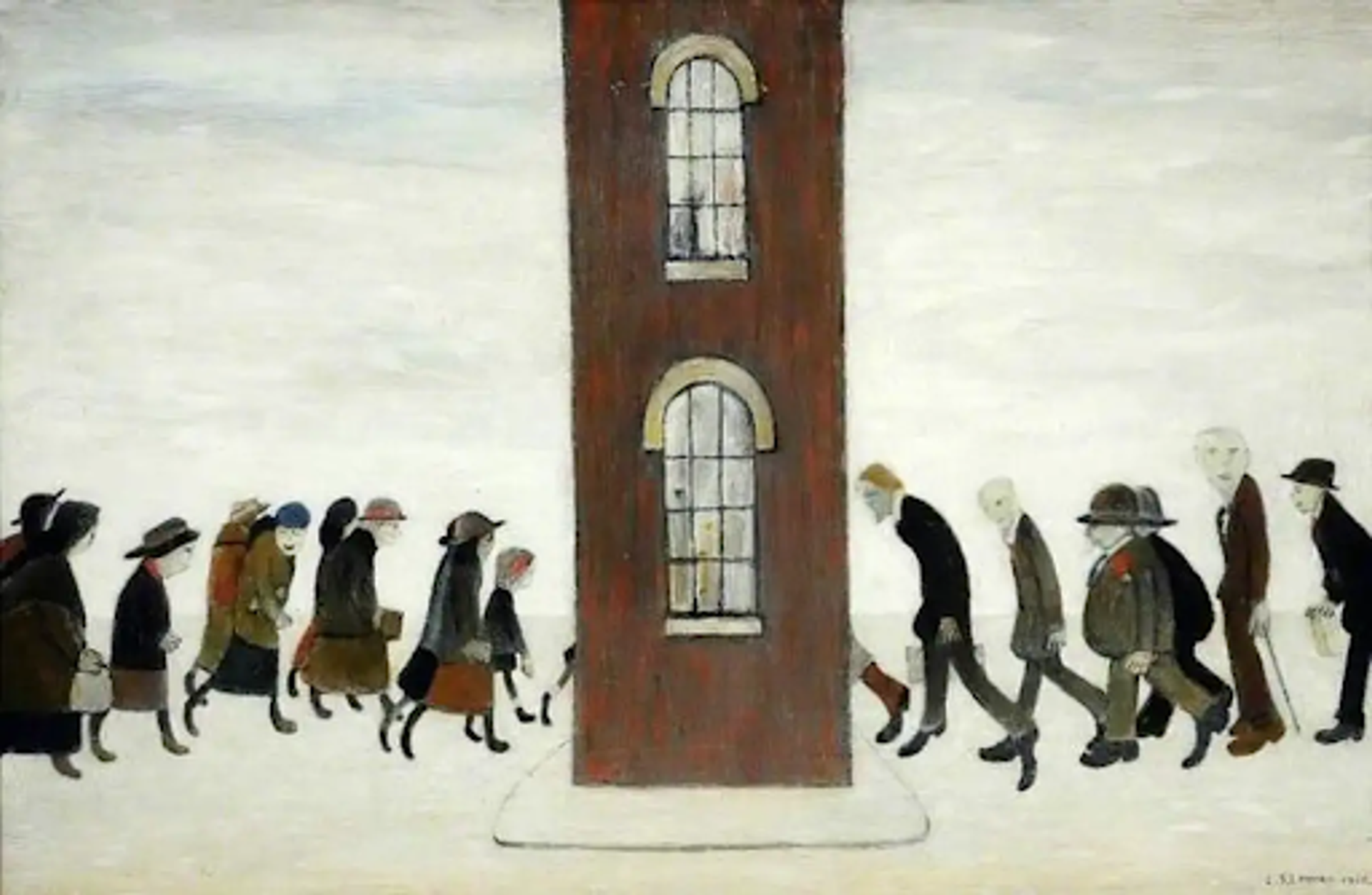 L.S. Lowry’s The Meeting Point. A lithograph of two groups of people walking into a building from opposite entrances. 