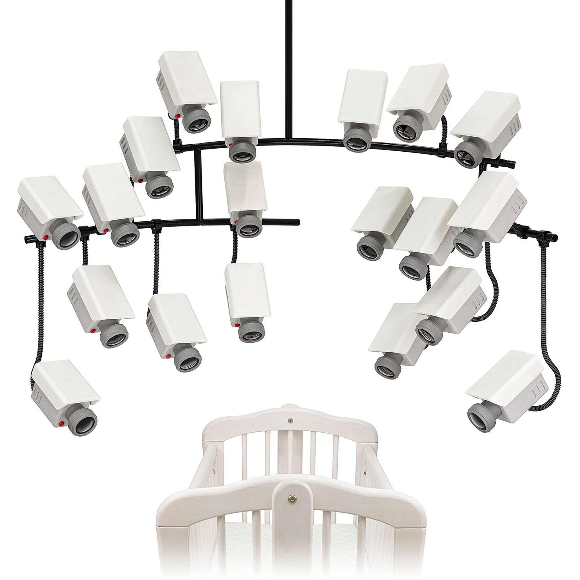 The Banksy™ Baby Mobile is a ceiling-mounted stimulus toy featuring no fewer than 19 mock CCTV cameras that comments cheekily on surveillance culture and overprotective parenting in contemporary society.