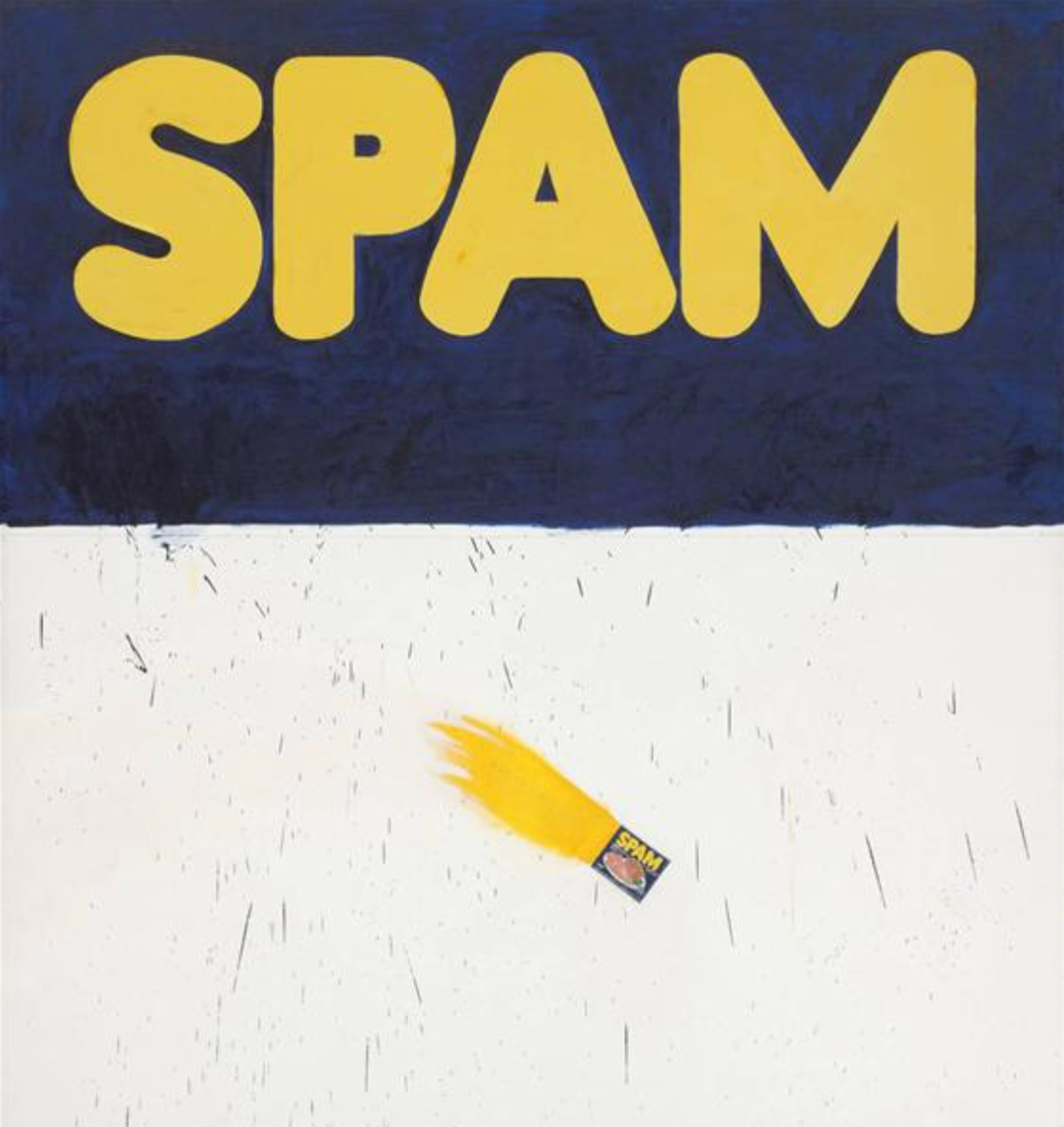 Painting by Ruscha depicting an oversized brand name, 'Spam', juxtaposed with an actual-size depiction of the product.