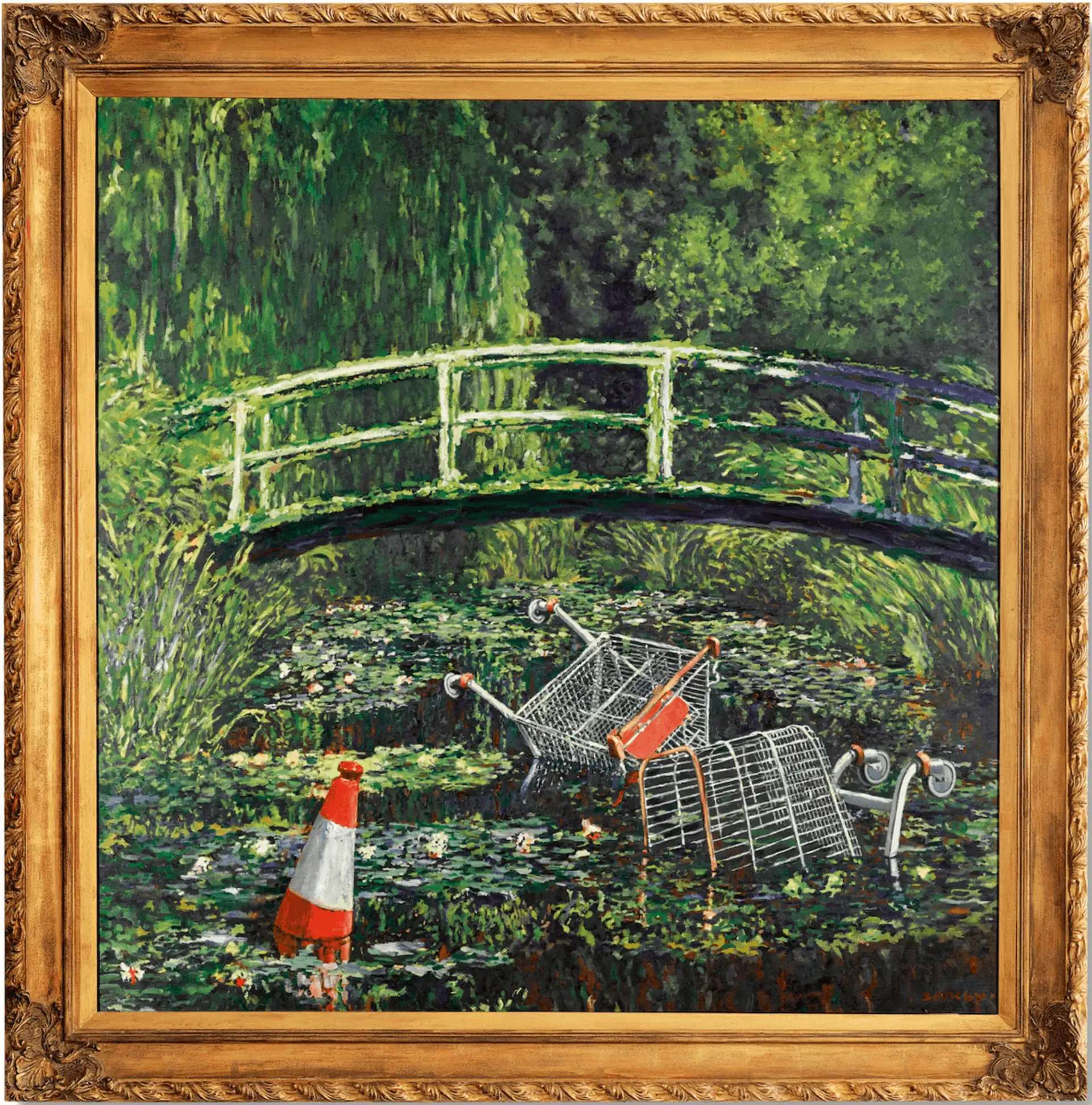 An appropriation of Claude Monet's Bridge Over A Pond Of Water Lilies by Banksy. Two abandoned shopping trolleys and a traffic cone float in the water of Monet's original painting.