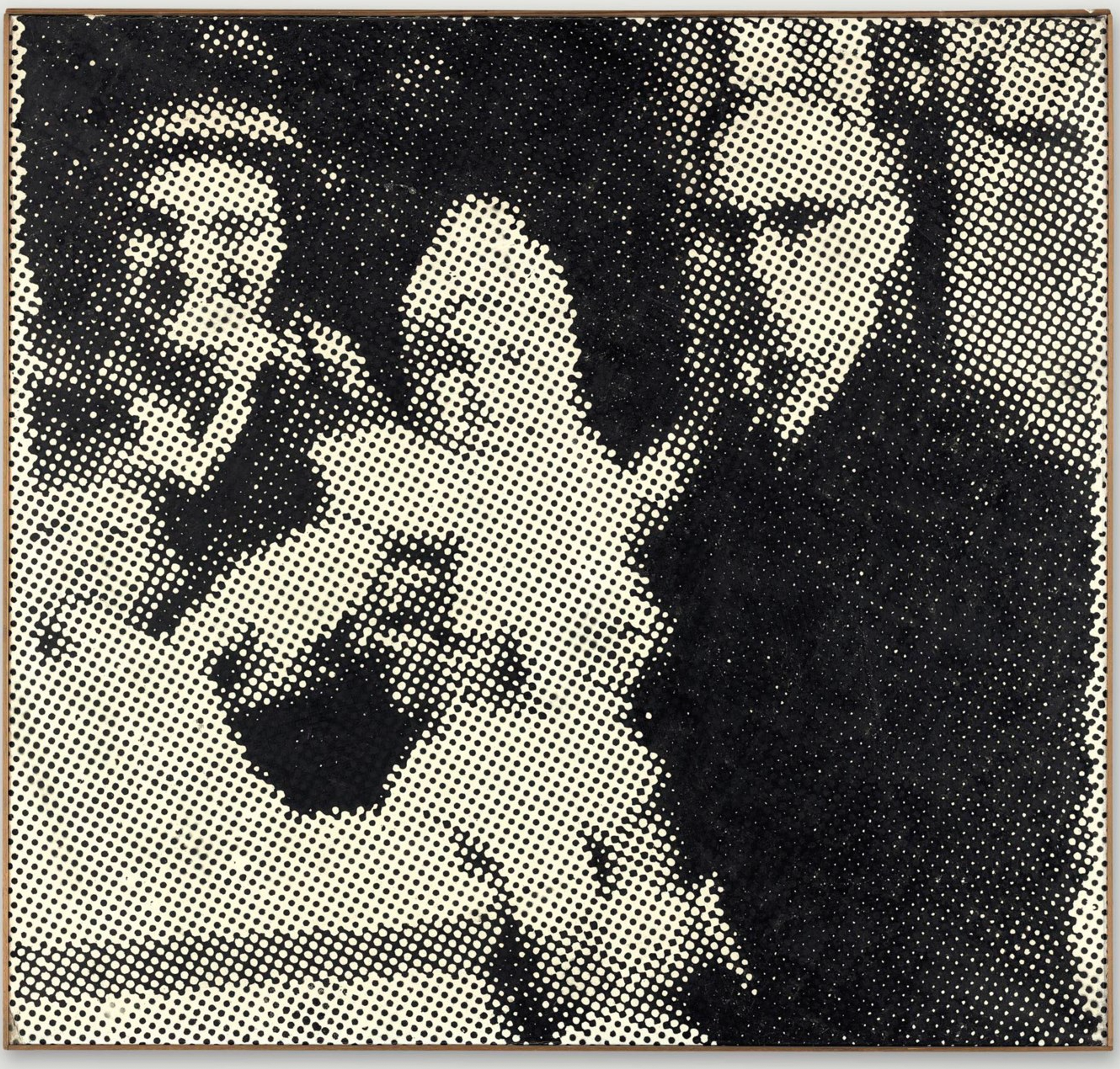 A family portrait obscured by precise, monochromatic dots. The father, holding a baby, wears a black suit and glasses. Two other figures are visible on the left side. Their features dissolve into pixelated anonymity.