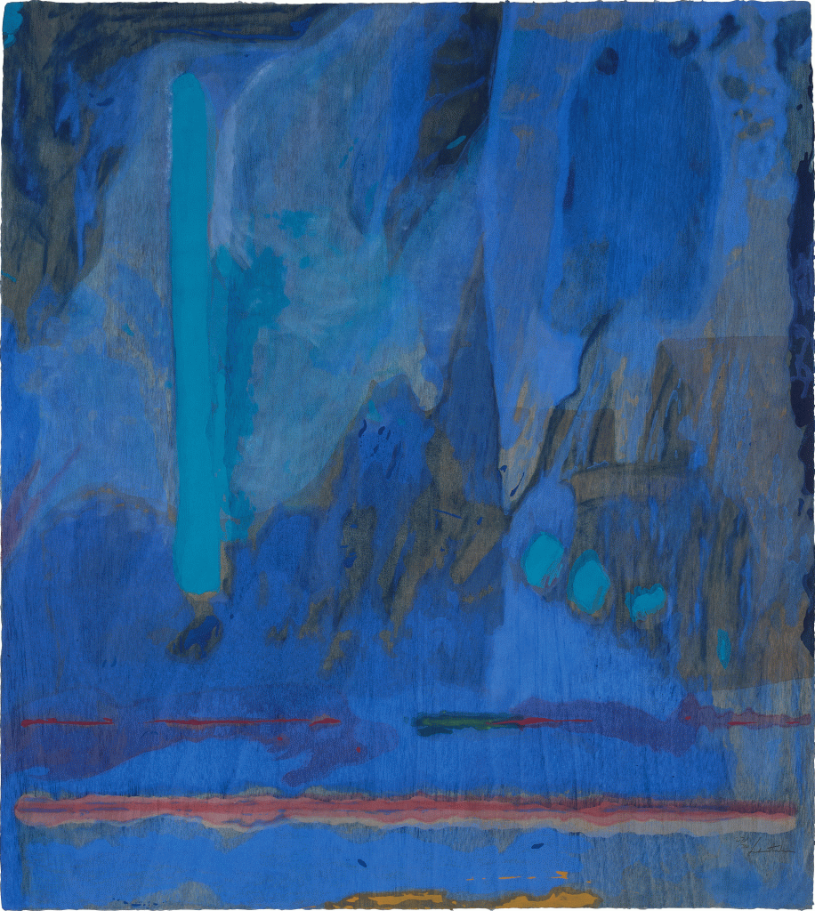 Helen Frankenthaler’s Tales Of Genji III. Abstract expressionist woodcut print of a predominately blue background with accents of red	
