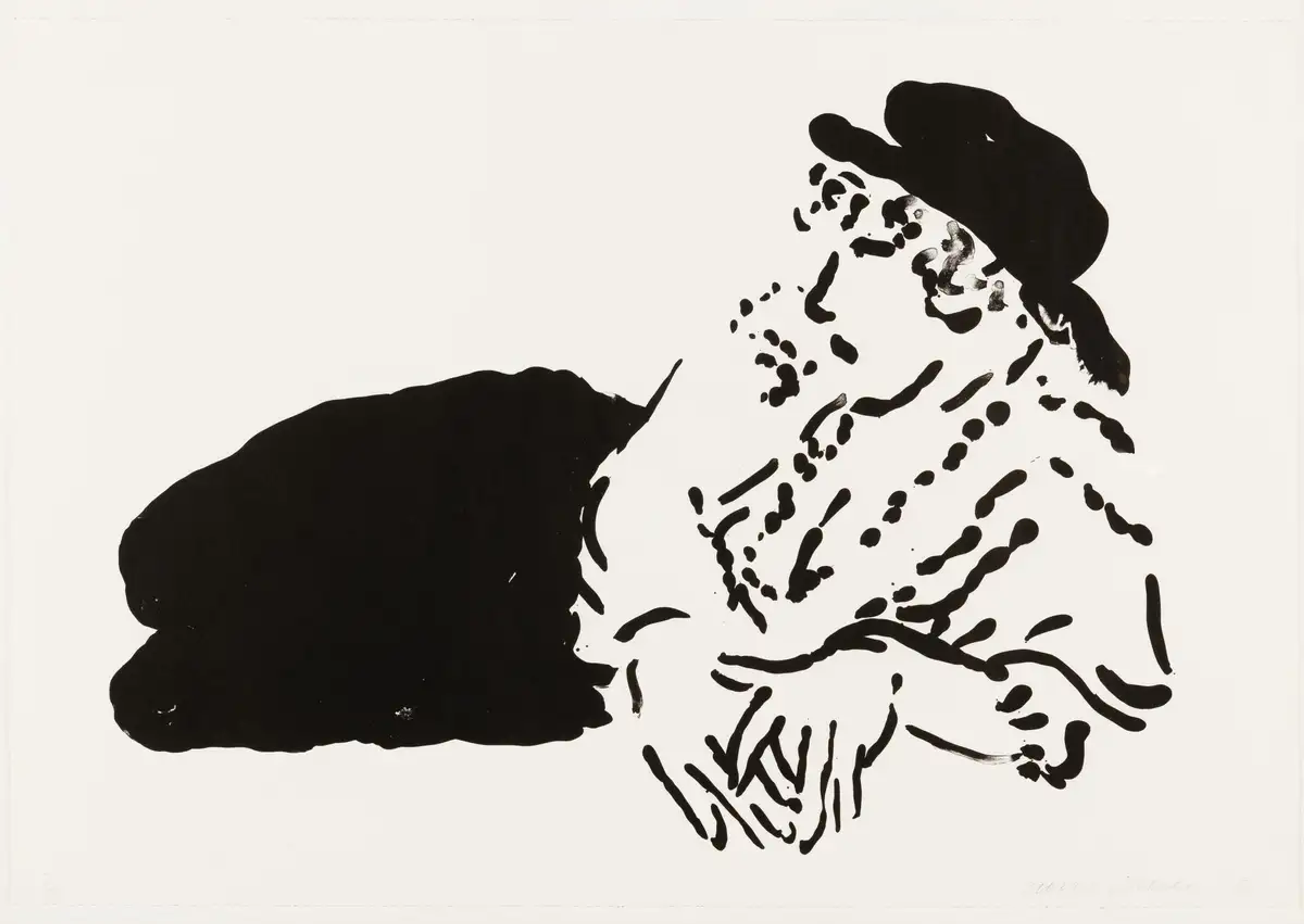 This print by David Hockney shows Celia Birtwell reclining. She is depicted in a monochrome style in loose brushwork, wearing a black hat and skirt and white blouse.