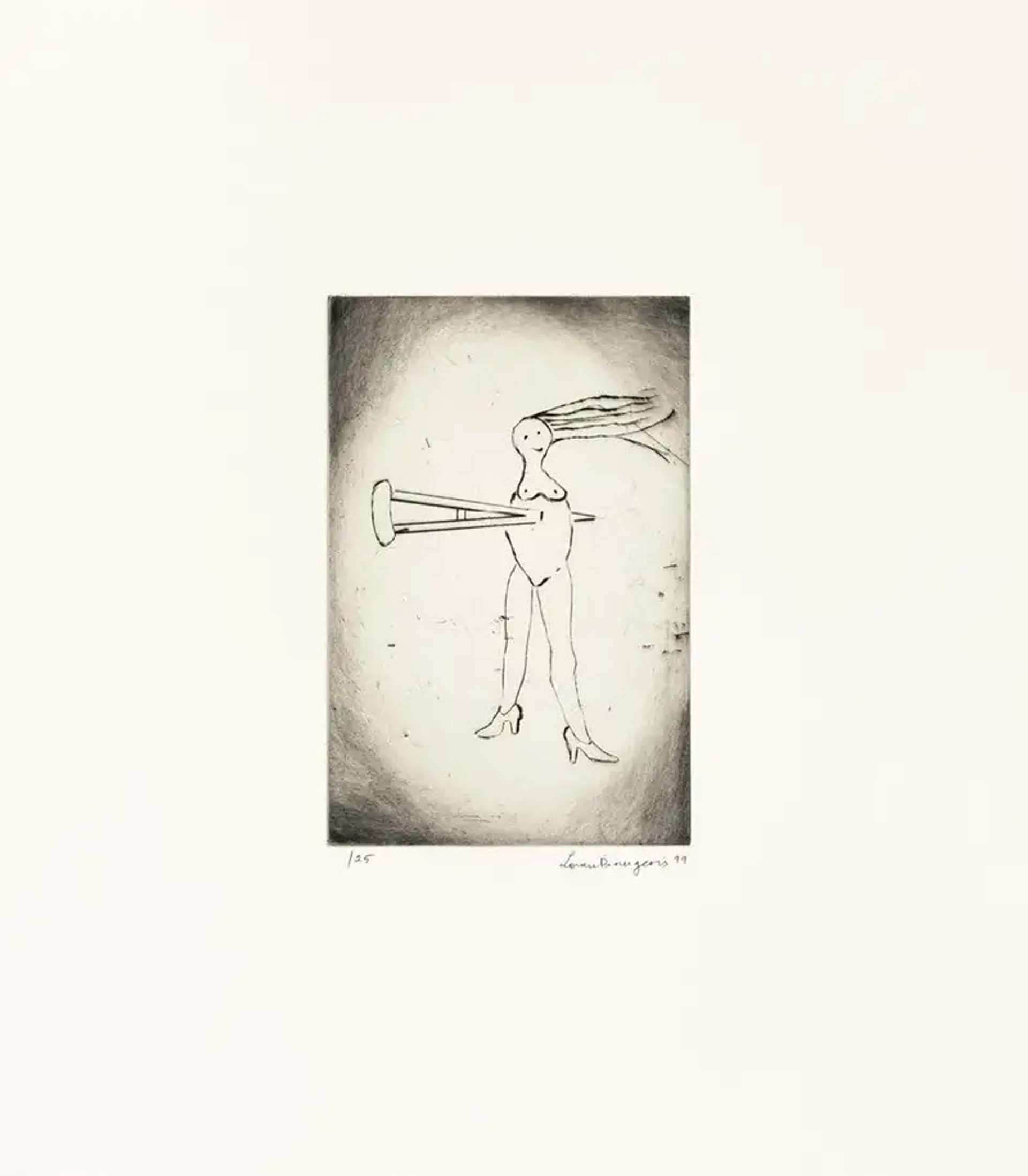 Louise Bourgeois’ The Accident. A drypoint print of a woman standing in heels with a crutch between her torso.