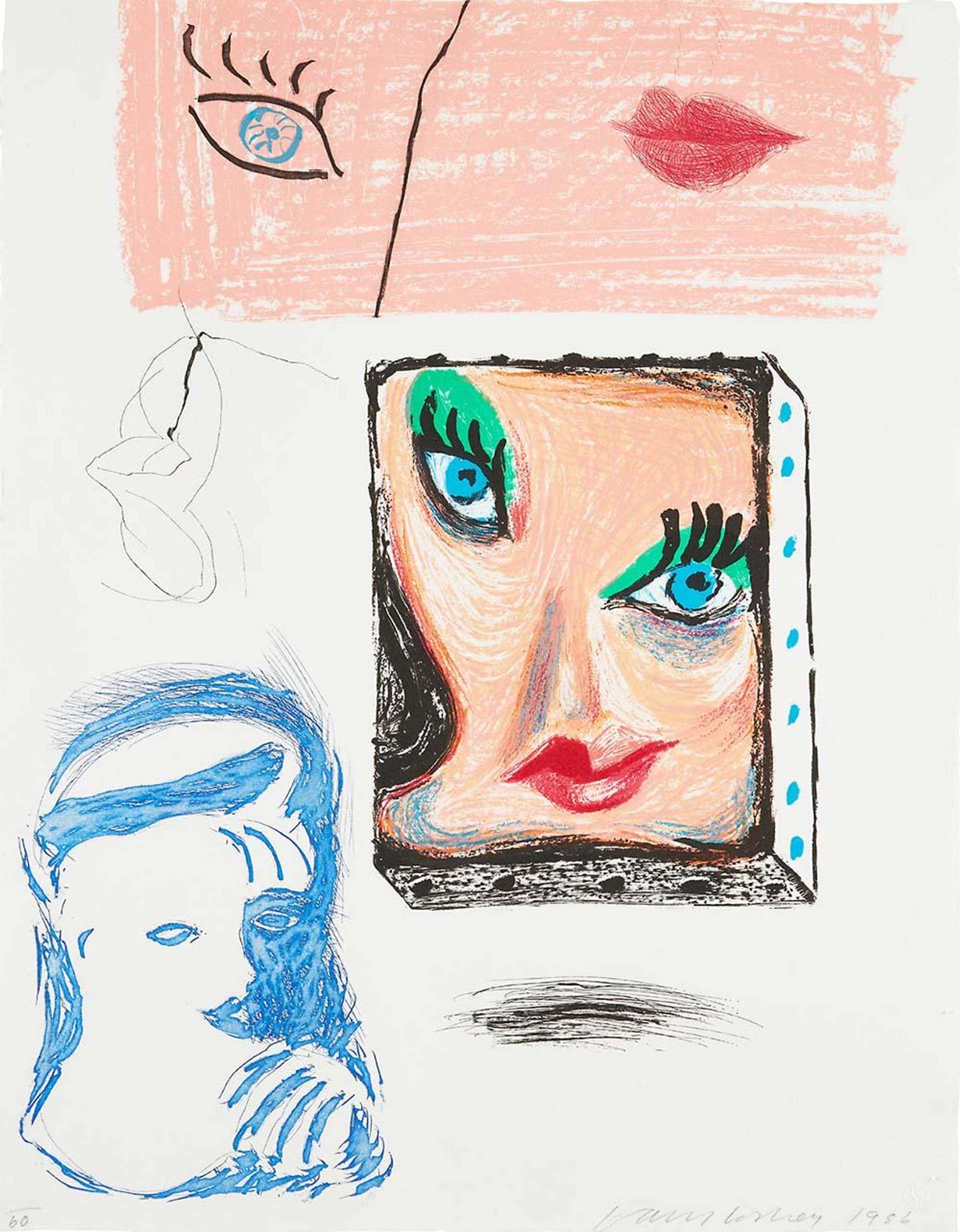 In this work we find a number of drawings of his close friend and muse Celia Birtwell; the image is dominated by a floating canvas, shown in 3d and casting a shadow below, which depicts a close up of Birtwell’s face in a style recognisable from the Moving Focus series. Here her features are given a Cubist treatment, her wide blue eyes skewed and highlighted in green, showing this to be a close study for the work An Image Of Celia. Below the canvas is a shadowy portrait in blue where she is less identifiable and above is a pink shaded part where just an eye and a pair of lips are shown.