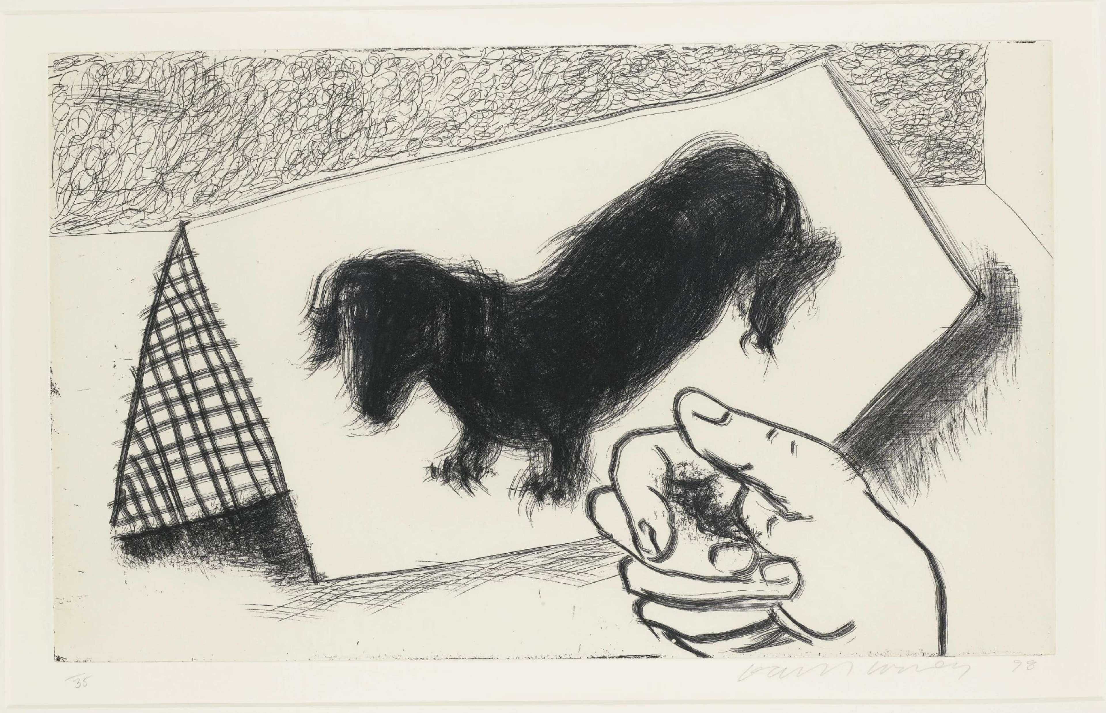This print is a monochrome portrait of one of Hockney’s dachshunds. However, while most of the series focuses just on the dogs, here we find the composition interrupted by the inclusion of the artist’s own hand, curled up in the foreground as if reaching out from behind the sheet of paper or etching plate he is working on.