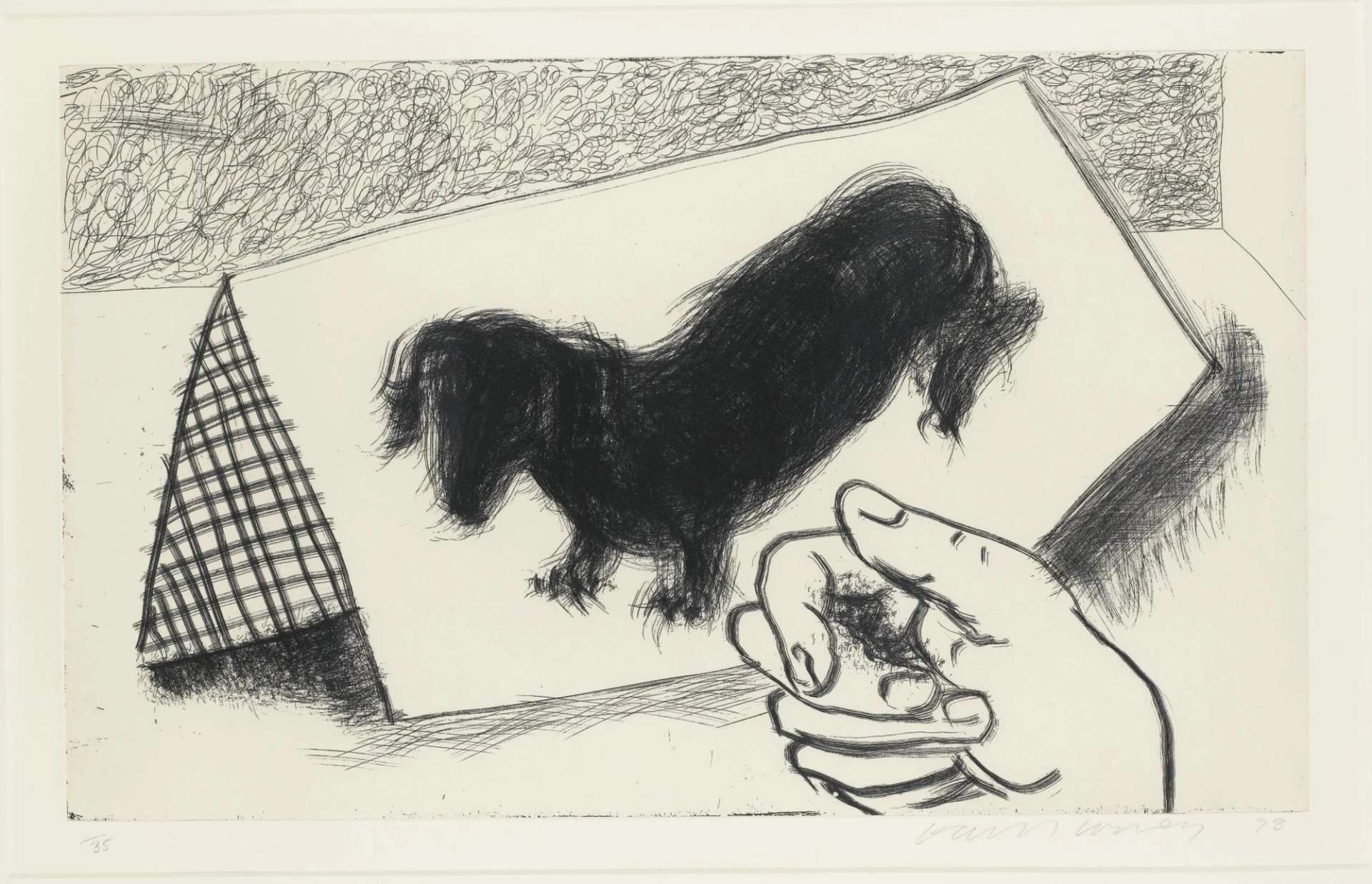 This print is a monochrome portrait of one of Hockney’s dachshunds. However, while most of the series focuses just on the dogs, here we find the composition interrupted by the inclusion of the artist’s own hand, curled up in the foreground as if reaching out from behind the sheet of paper or etching plate he is working on.