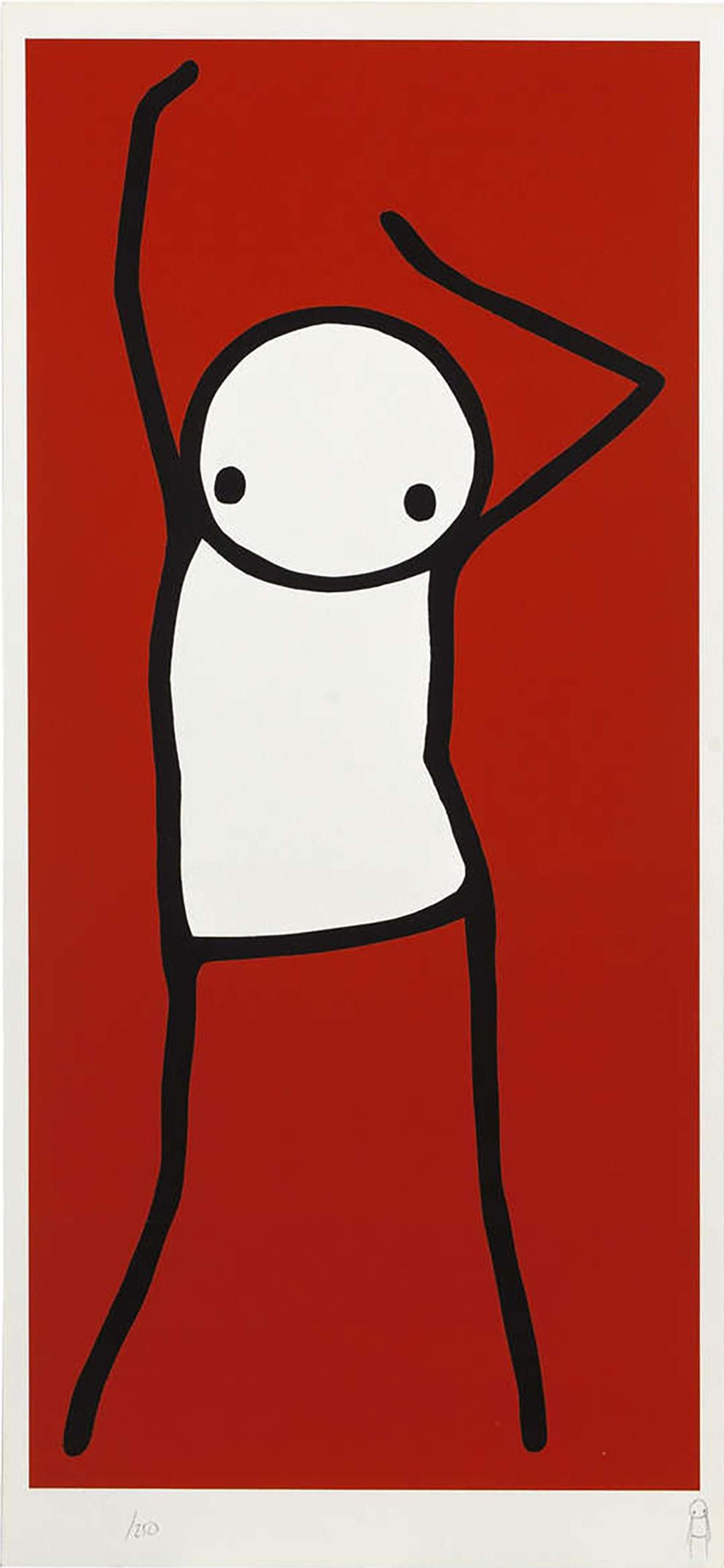 STIK’s Dancer (red). A digital print of a stick figure with its arms raised and bent in the air, dancing against a red background.