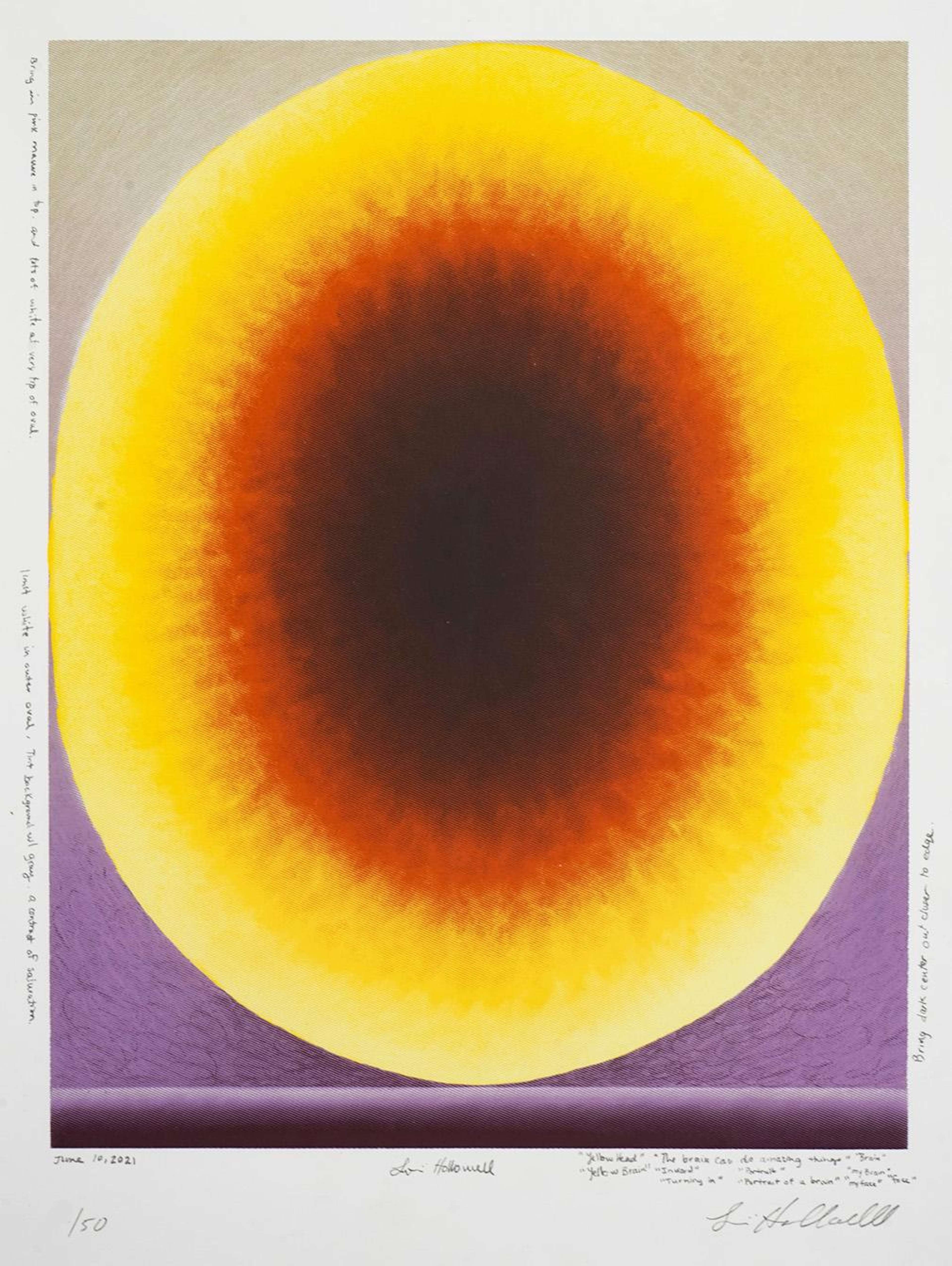 A purple and grey gradient background behind a big circle which fades from bright yellow on the outside, to orange to dark red at the centre, with text and the artist's signature around the white margins of the print.