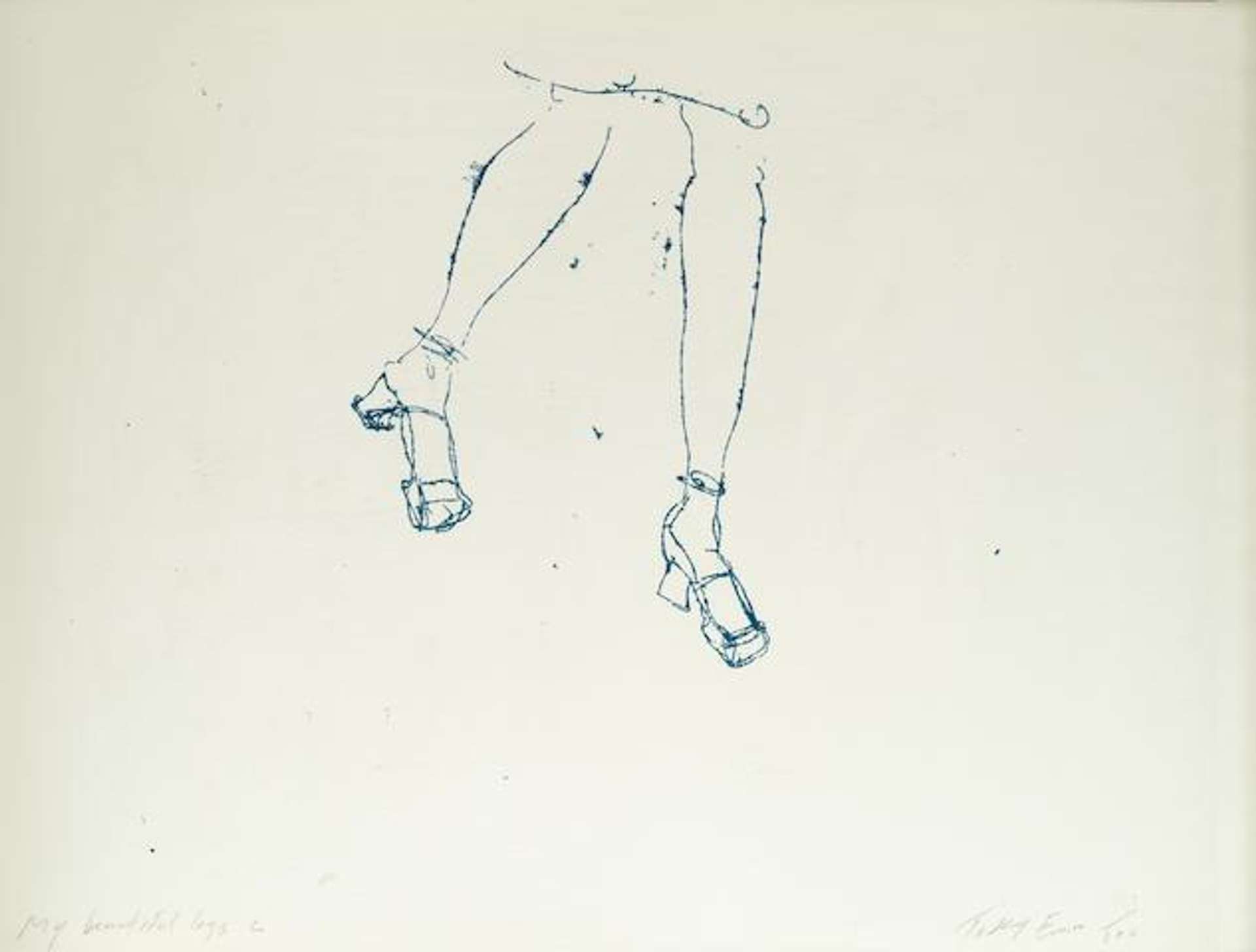 This print by Tracey Emin shows a pair of female legs wearing high-heeled shoes. The thin lines are sketched out in navy blue against a cream background.